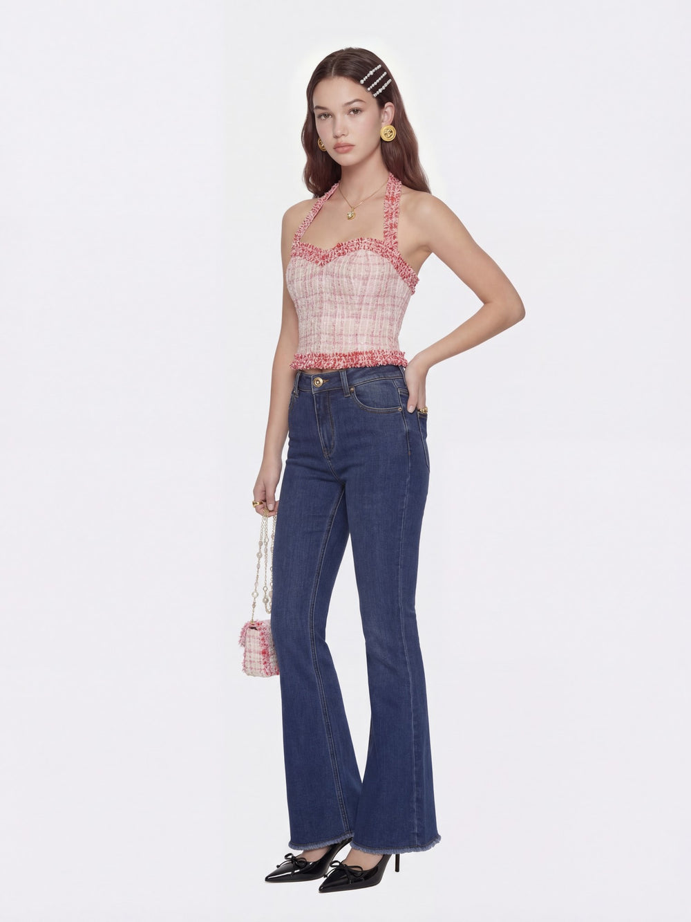 Bianca Metallic-Woven Tweed Halter Pink Top | Nana Jacqueline