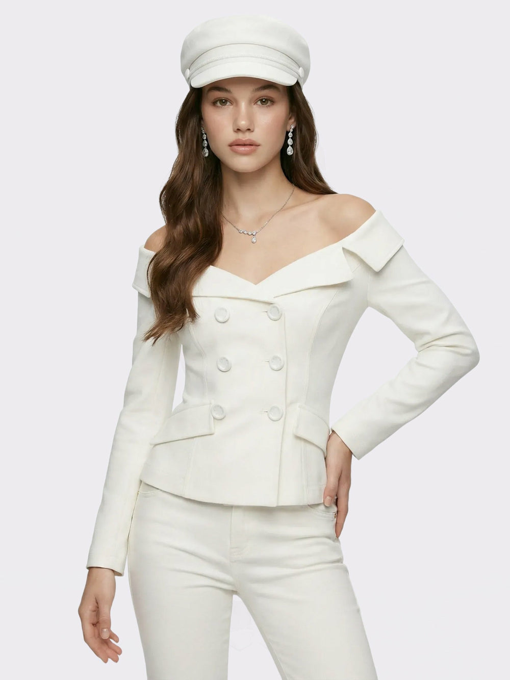 White Denim Double-Breasted Tailored Top | Nana Jacqueline