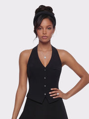 Amara Tailored Halter Black Vest: Black Vest for Cocktail Party | Nana Jacqueline