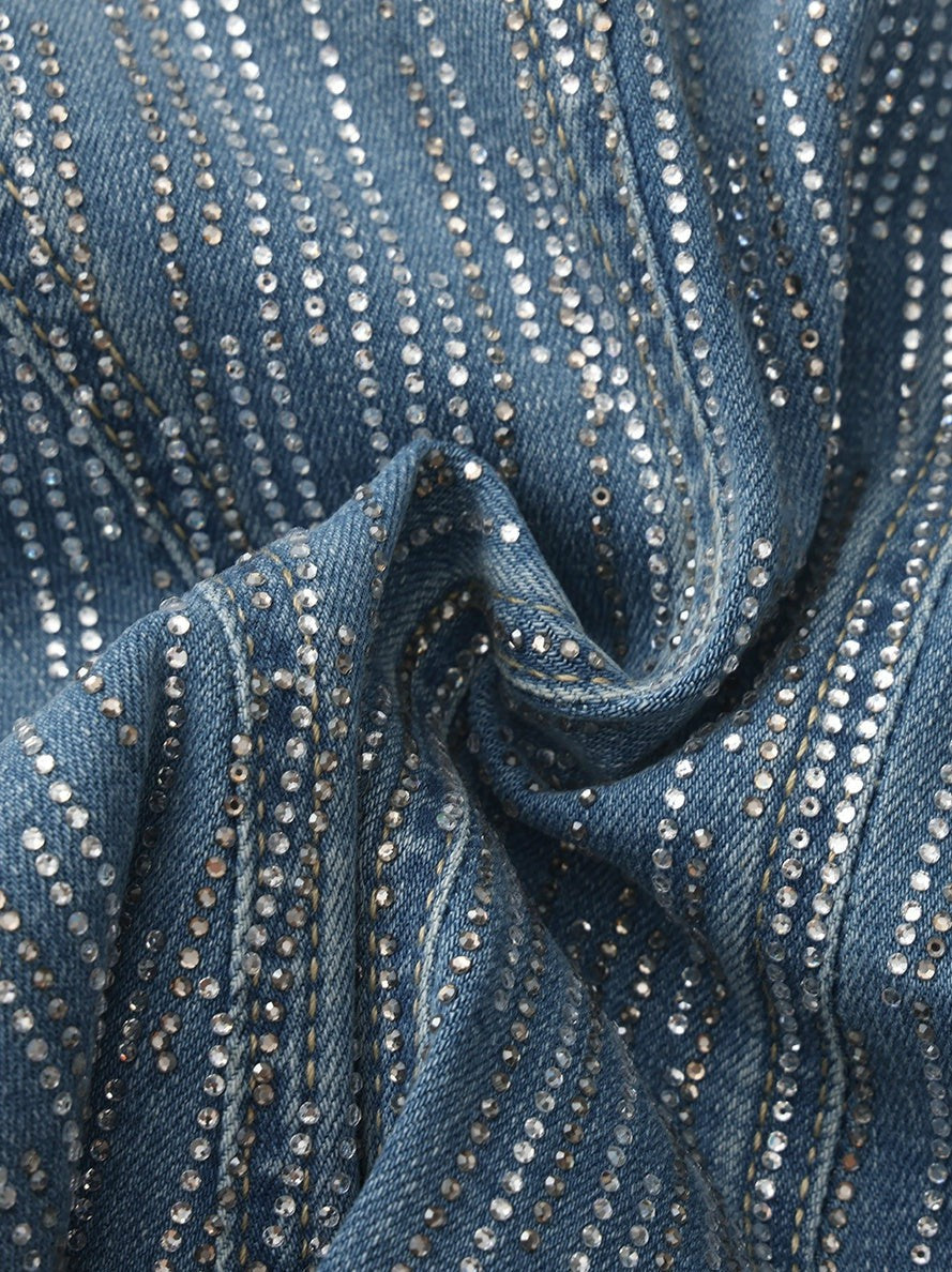 Blue Denim Double-Breasted Top with Crystal Detail | Nana Jacqueline