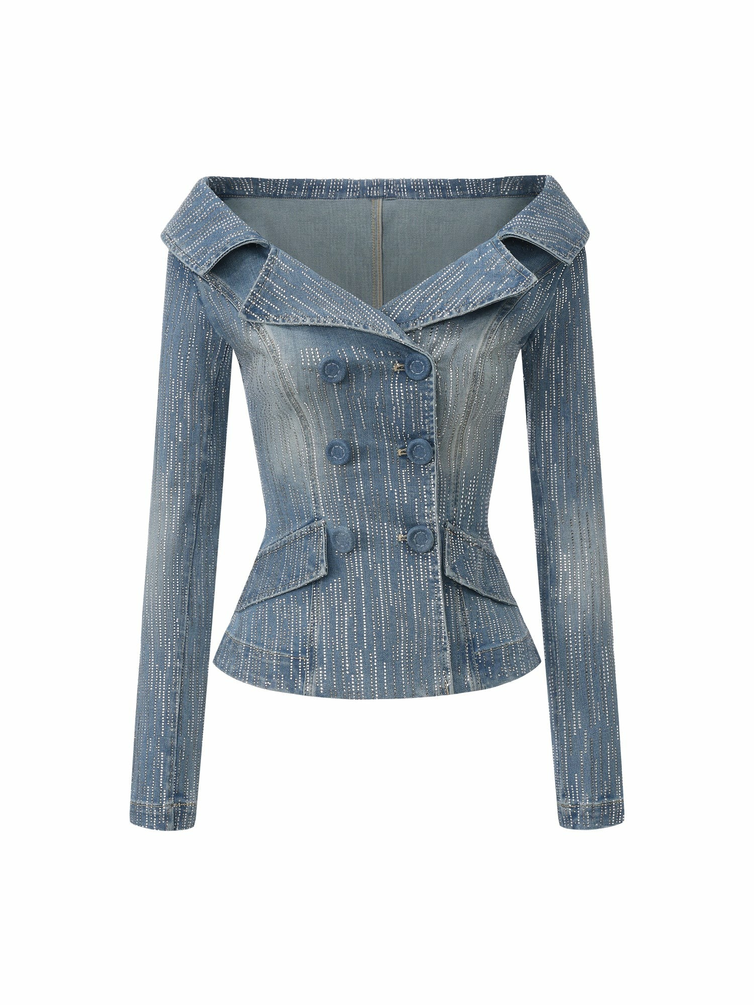 Blue Denim Double-Breasted Top with Crystal Detail | Nana Jacqueline