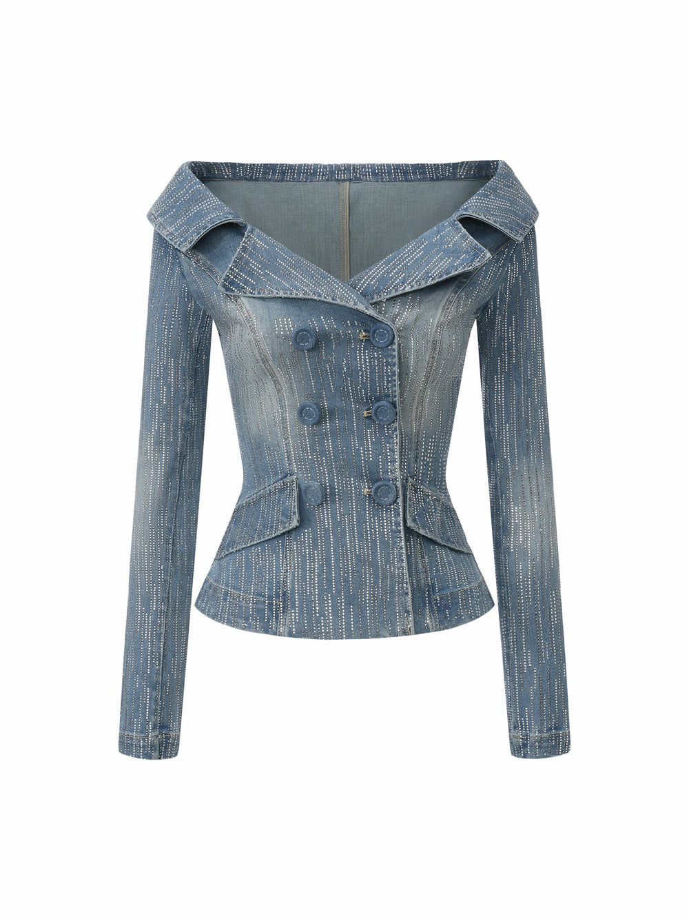 Blue Denim Double-Breasted Top with Crystal Detail | Nana Jacqueline