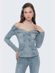 Blue Denim Double-Breasted Top with Crystal Detail | Nana Jacqueline