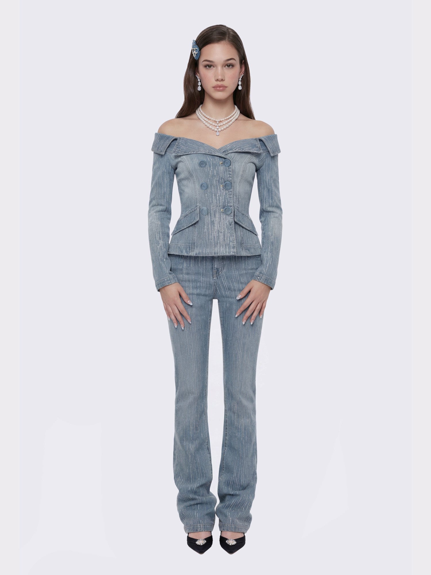 Blue Denim Double-Breasted Top with Crystal Detail | Nana Jacqueline