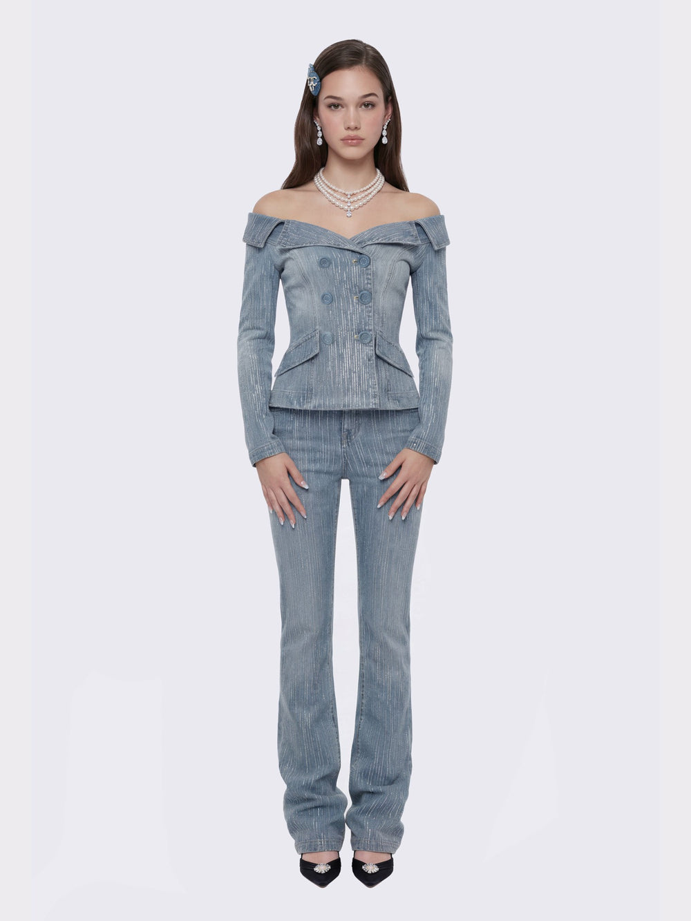 Blue Denim Double-Breasted Top with Crystal Detail | Nana Jacqueline
