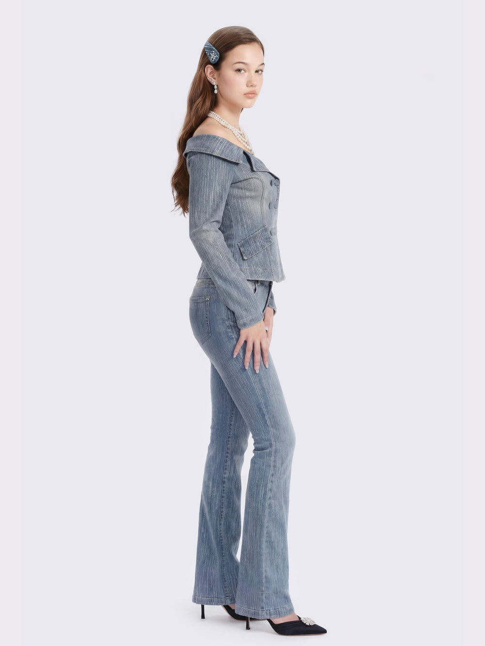 Blue Denim Double-Breasted Top with Crystal Detail | Nana Jacqueline