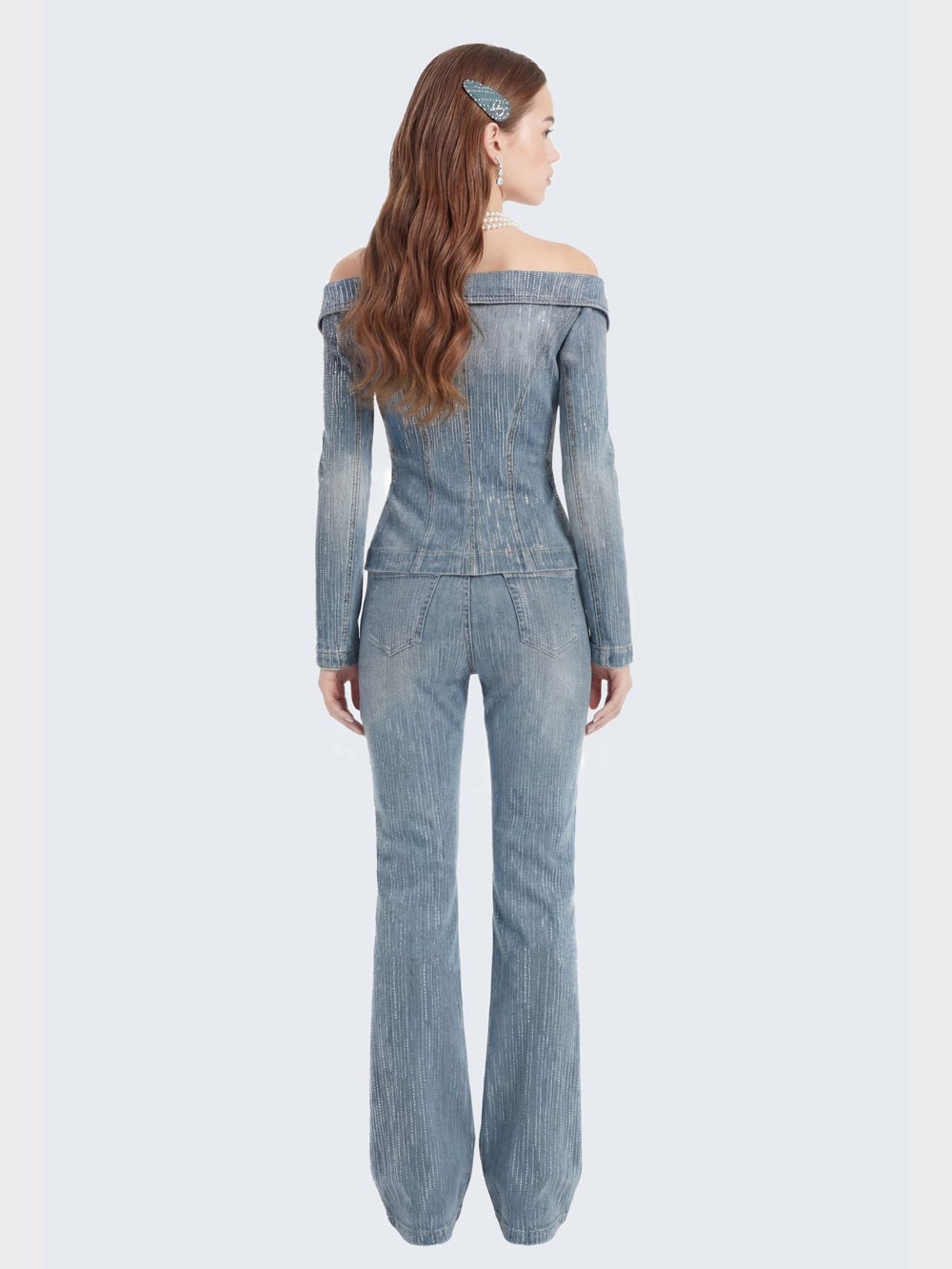 Blue Denim Double-Breasted Top with Crystal Detail | Nana Jacqueline