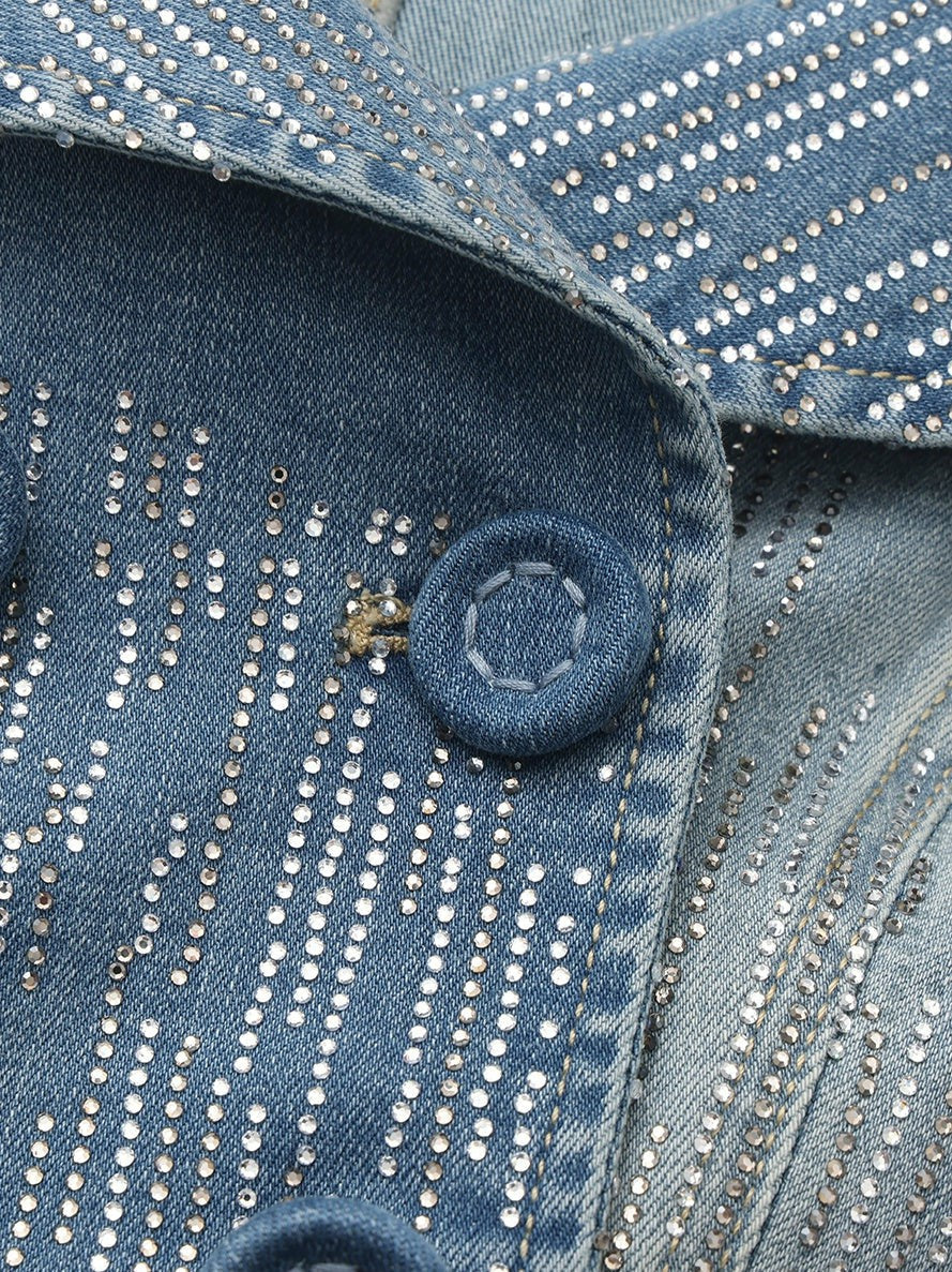 Blue Denim Double-Breasted Top with Crystal Detail | Nana Jacqueline