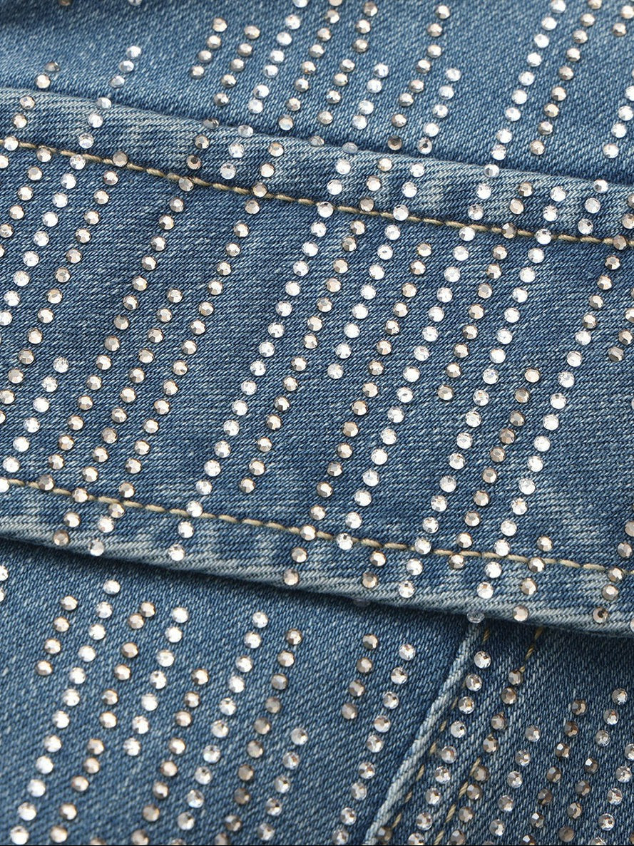 Blue Denim Double-Breasted Top with Crystal Detail | Nana Jacqueline