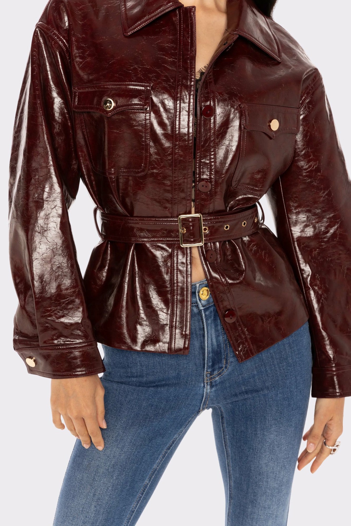Isabella Vegan Leather Jacket: Claret Leather Jacket for Date Night | Nana Jacqueline