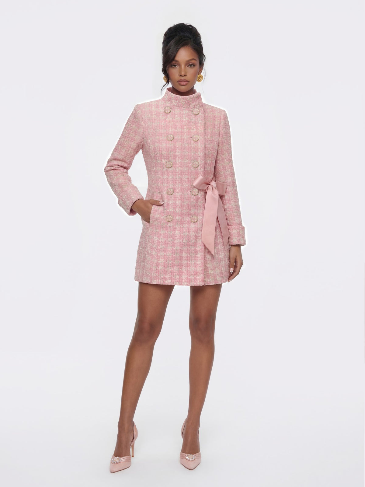 Bianca Tweed Bow Pink Double-Breasted Coat: Pink Coat for Bridal Shower | Nana Jacqueline