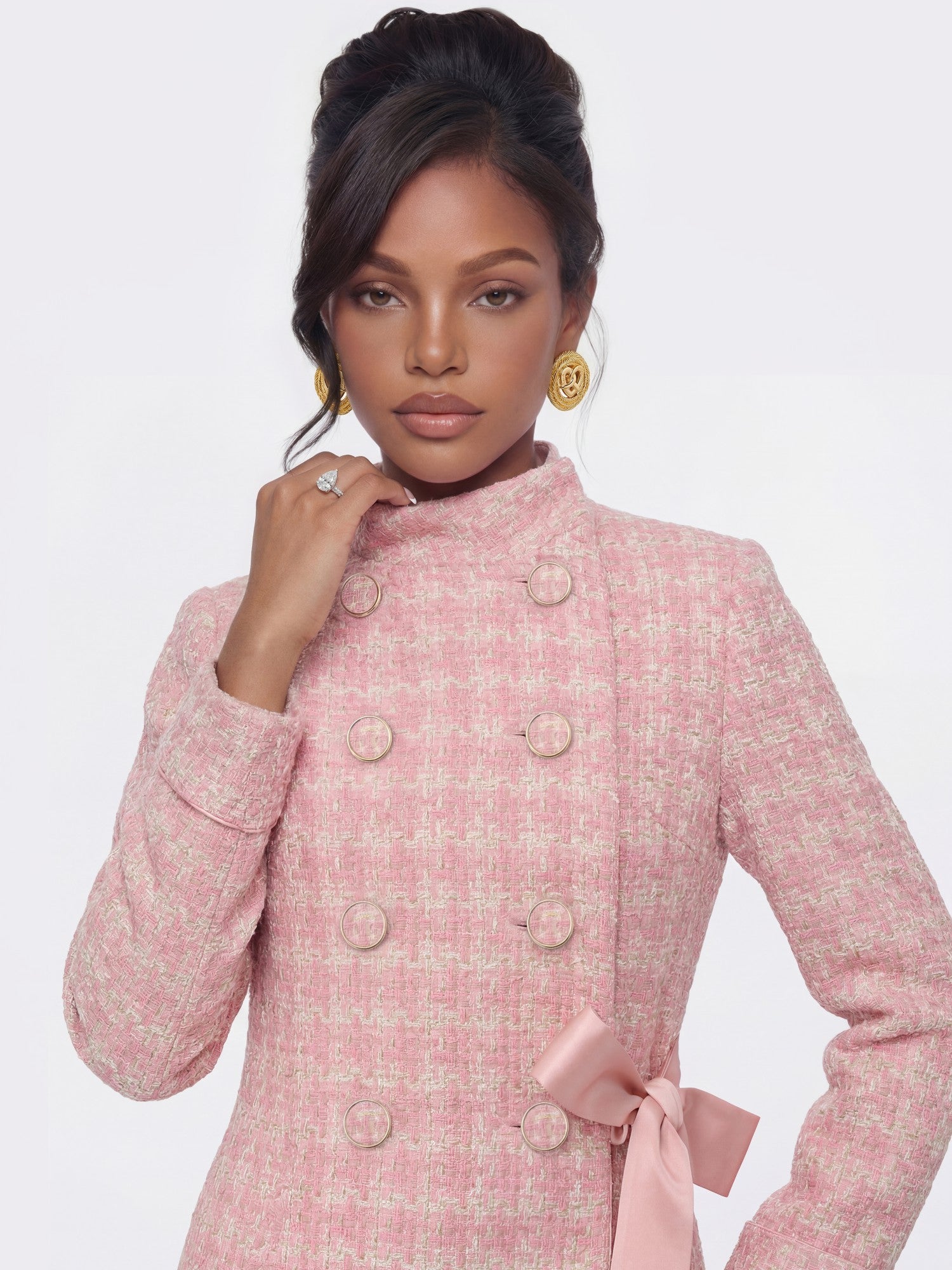 Bianca Tweed Bow Pink Double-Breasted Coat: Pink Coat for Bridal Shower | Nana Jacqueline