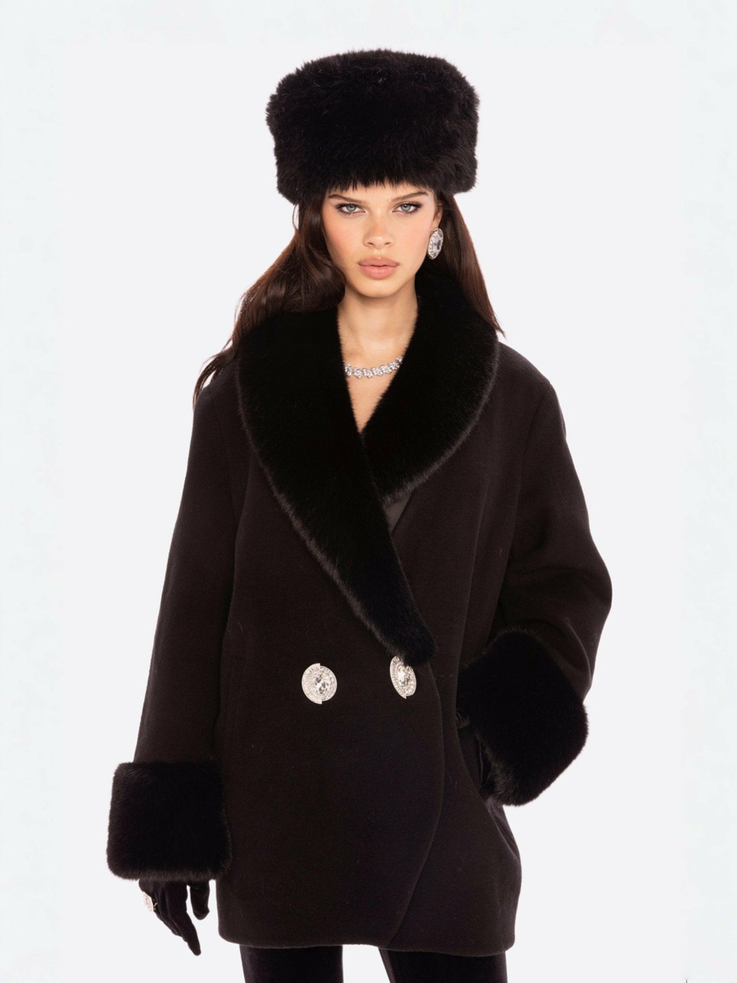 Althea Faux Fur Collar Cocoon Coat: Black Coat for Winter Evening Event | Nana Jacqueline