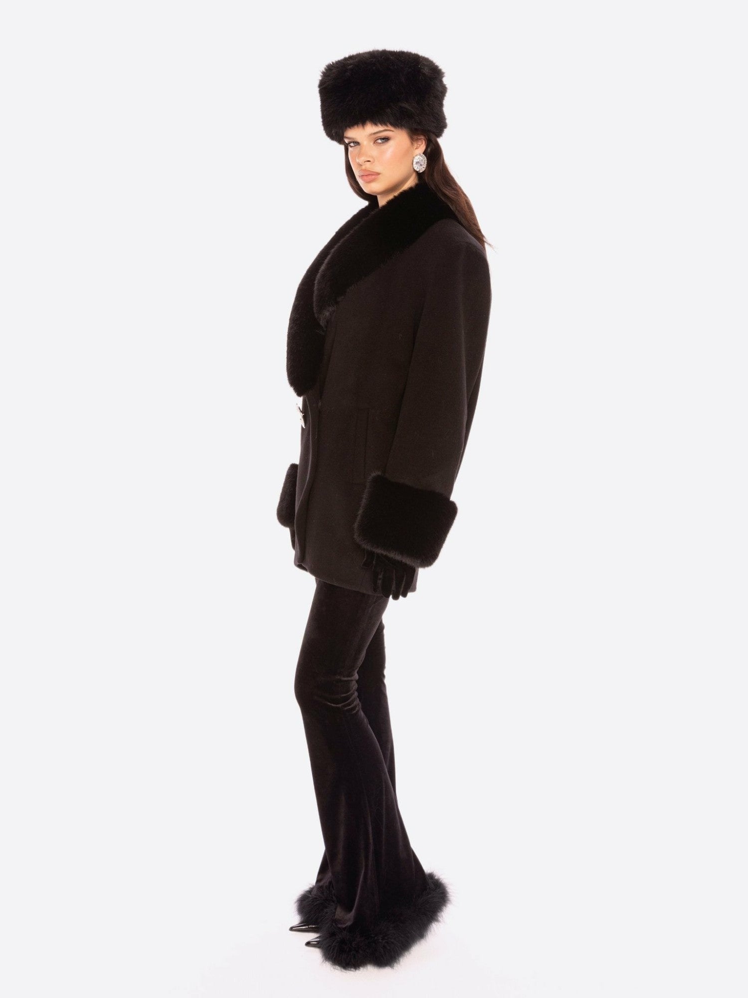 Althea Faux Fur Collar Cocoon Coat: Black Coat for Winter Evening Event | Nana Jacqueline
