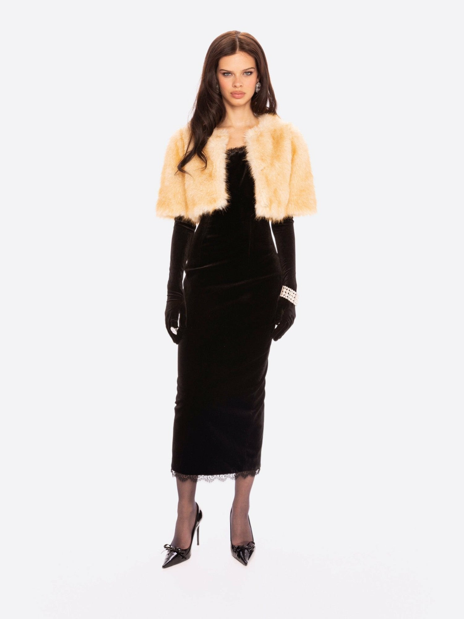 Thalia Cropped Faux Fur Jacket: Yellow Jacket for Cocktail Party | Nana Jacqueline