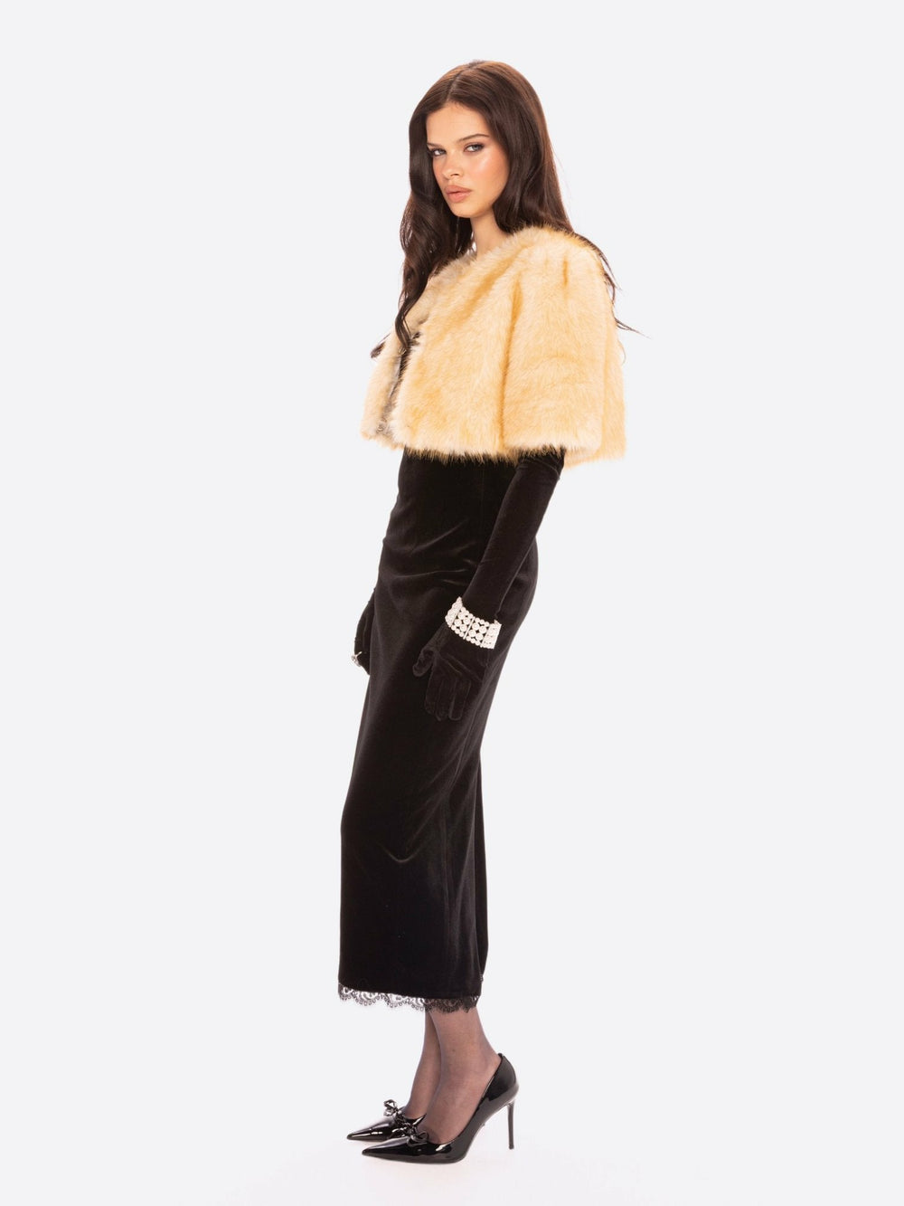 Thalia Cropped Faux Fur Jacket: Yellow Jacket for Cocktail Party | Nana Jacqueline