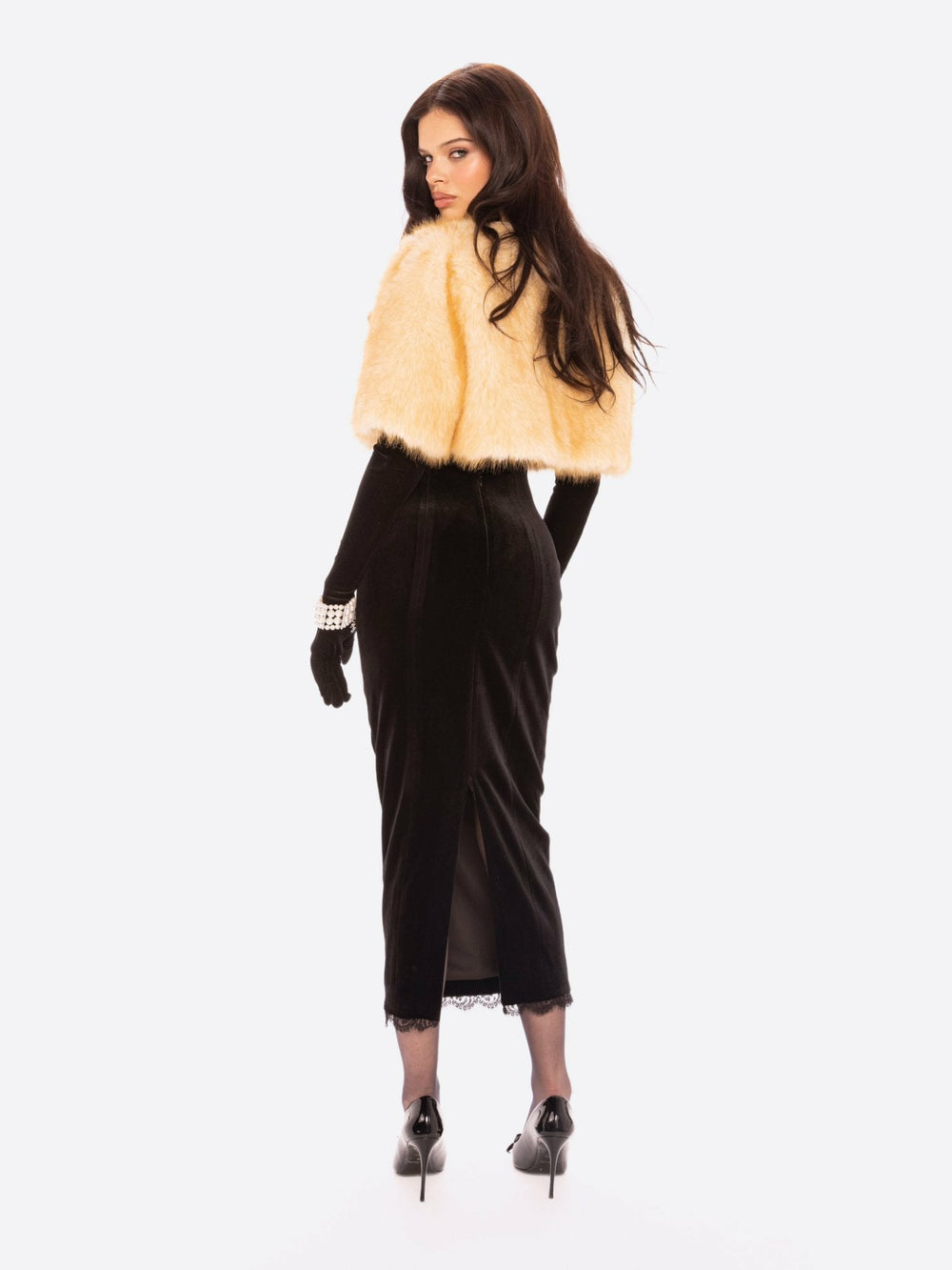 Thalia Cropped Faux Fur Jacket: Yellow Jacket for Cocktail Party | Nana Jacqueline