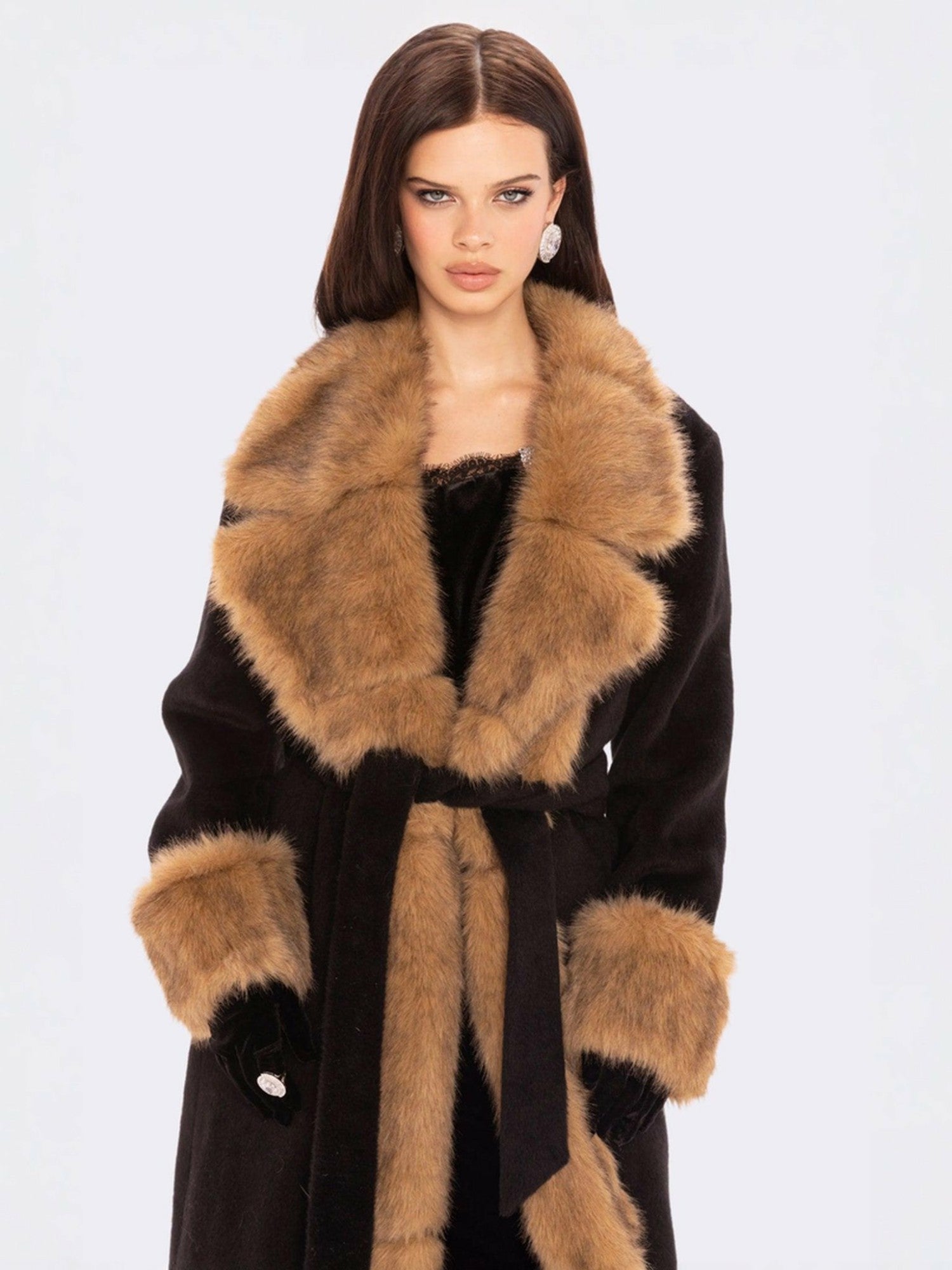 Adriana Faux Fur Coat: Black Long Coat for Cocktail Party | Nana Jacqueline