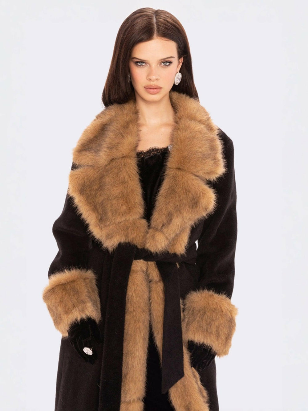 Adriana Faux Fur Coat: Black Long Coat for Cocktail Party | Nana Jacqueline