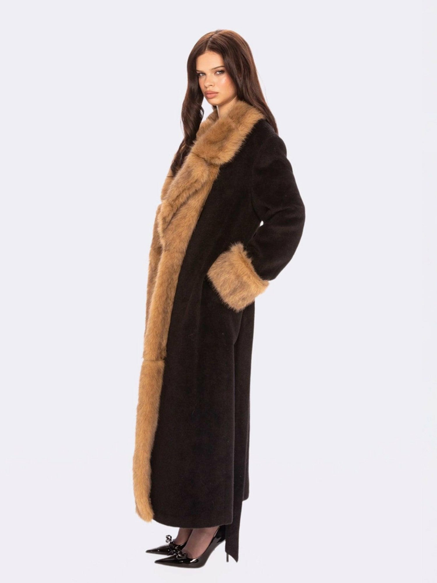 Adriana Faux Fur Coat: Black Long Coat for Cocktail Party | Nana Jacqueline