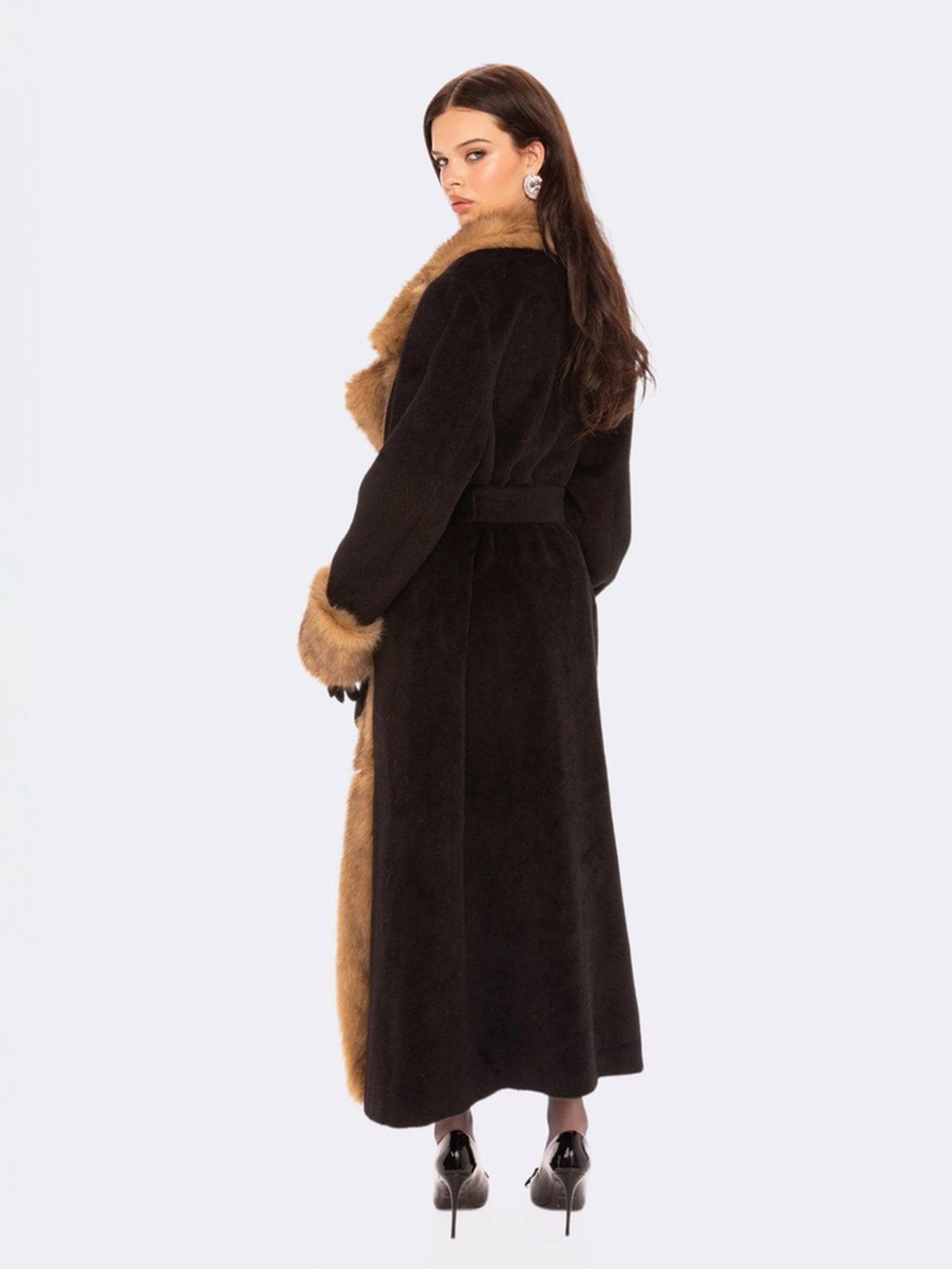 Adriana Faux Fur Coat: Black Long Coat for Cocktail Party | Nana Jacqueline