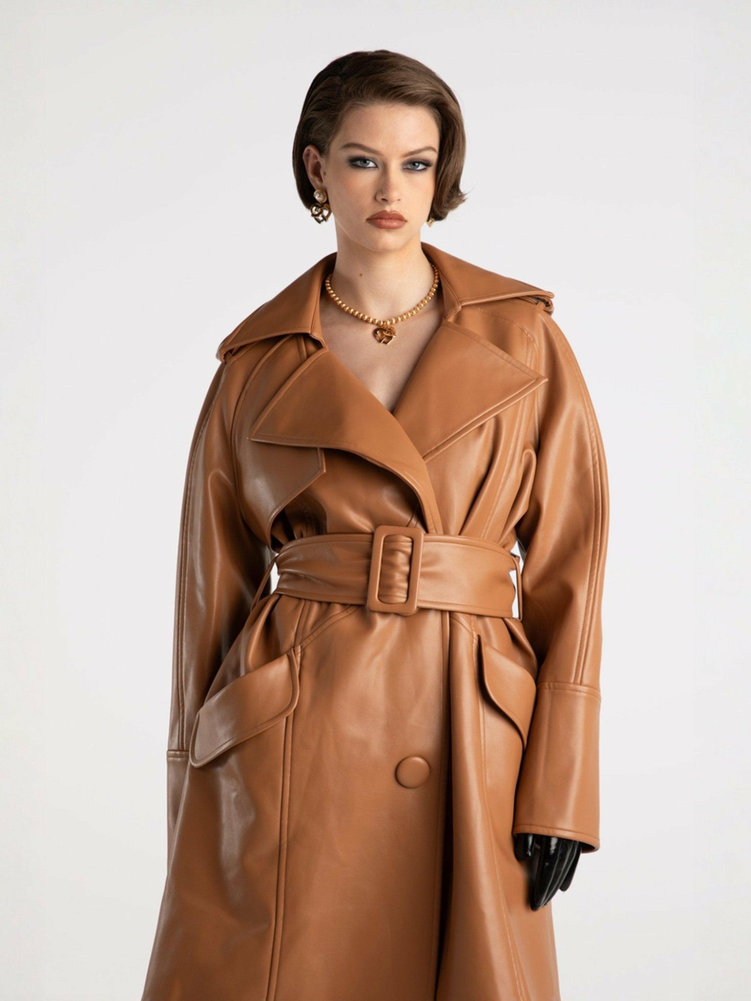 Keira Leather Trench Coat: Brown Trench Coat for Fall Outfits | Nana Jacqueline