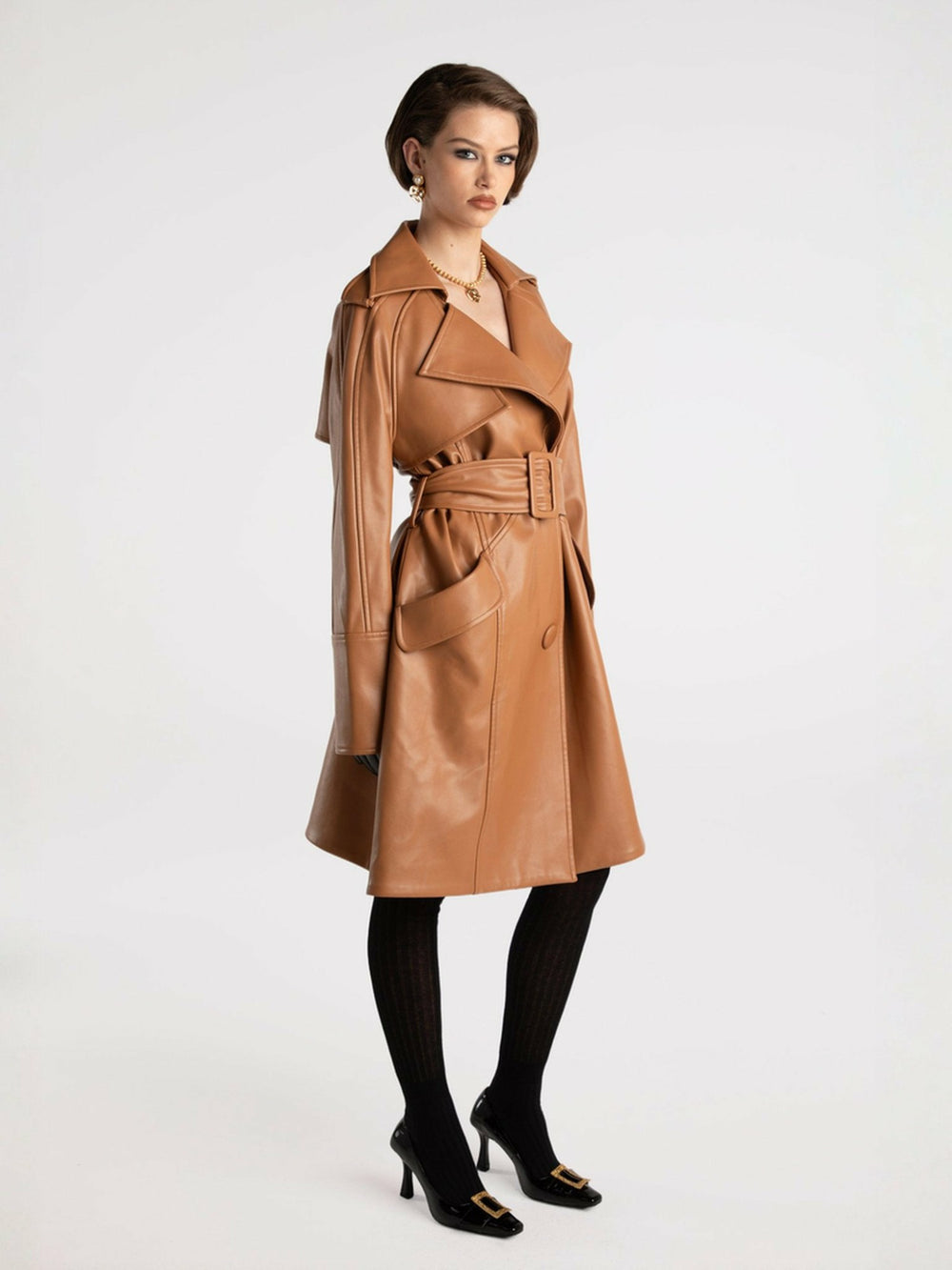 Keira Leather Trench Coat: Brown Trench Coat for Fall Outfits | Nana Jacqueline