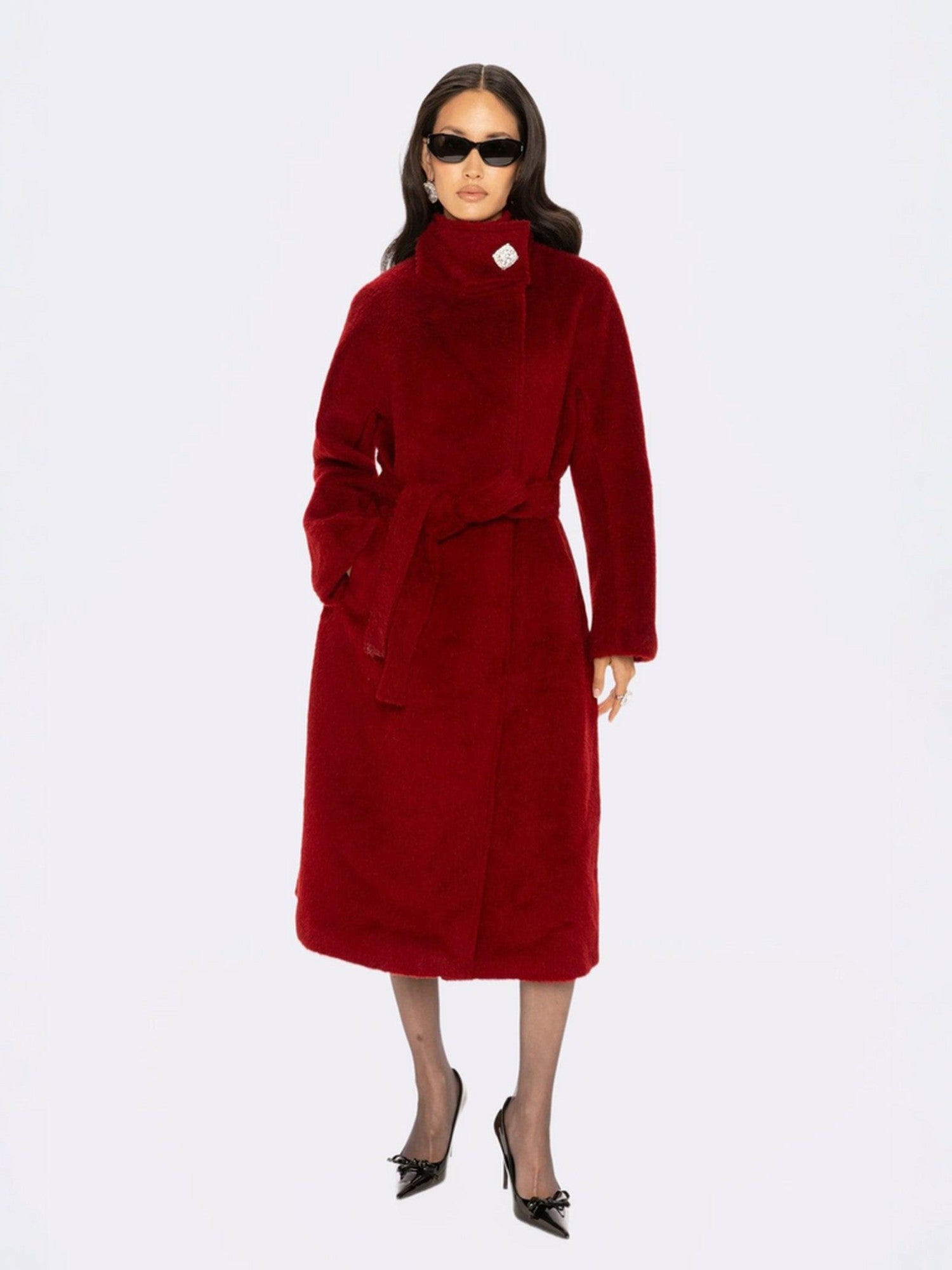 Audrey Long Coat: Red Long Coat for Holiday Party | Nana Jacqueline