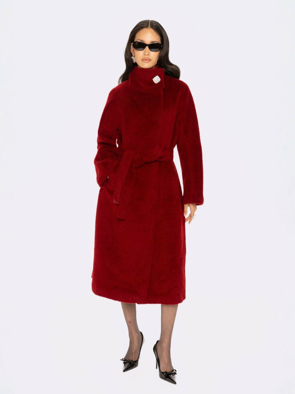 Audrey Long Coat: Red Long Coat for Holiday Party | Nana Jacqueline