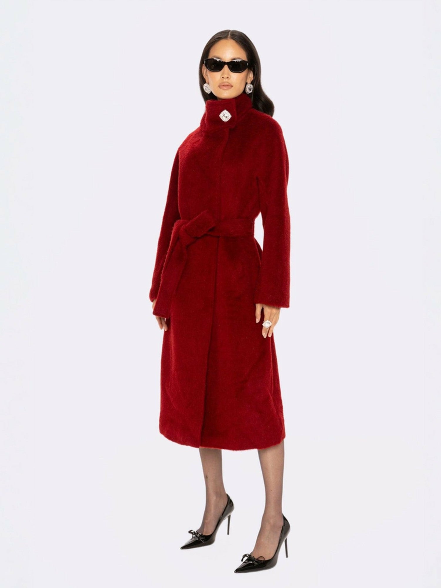 Audrey Long Coat: Red Long Coat for Holiday Party | Nana Jacqueline
