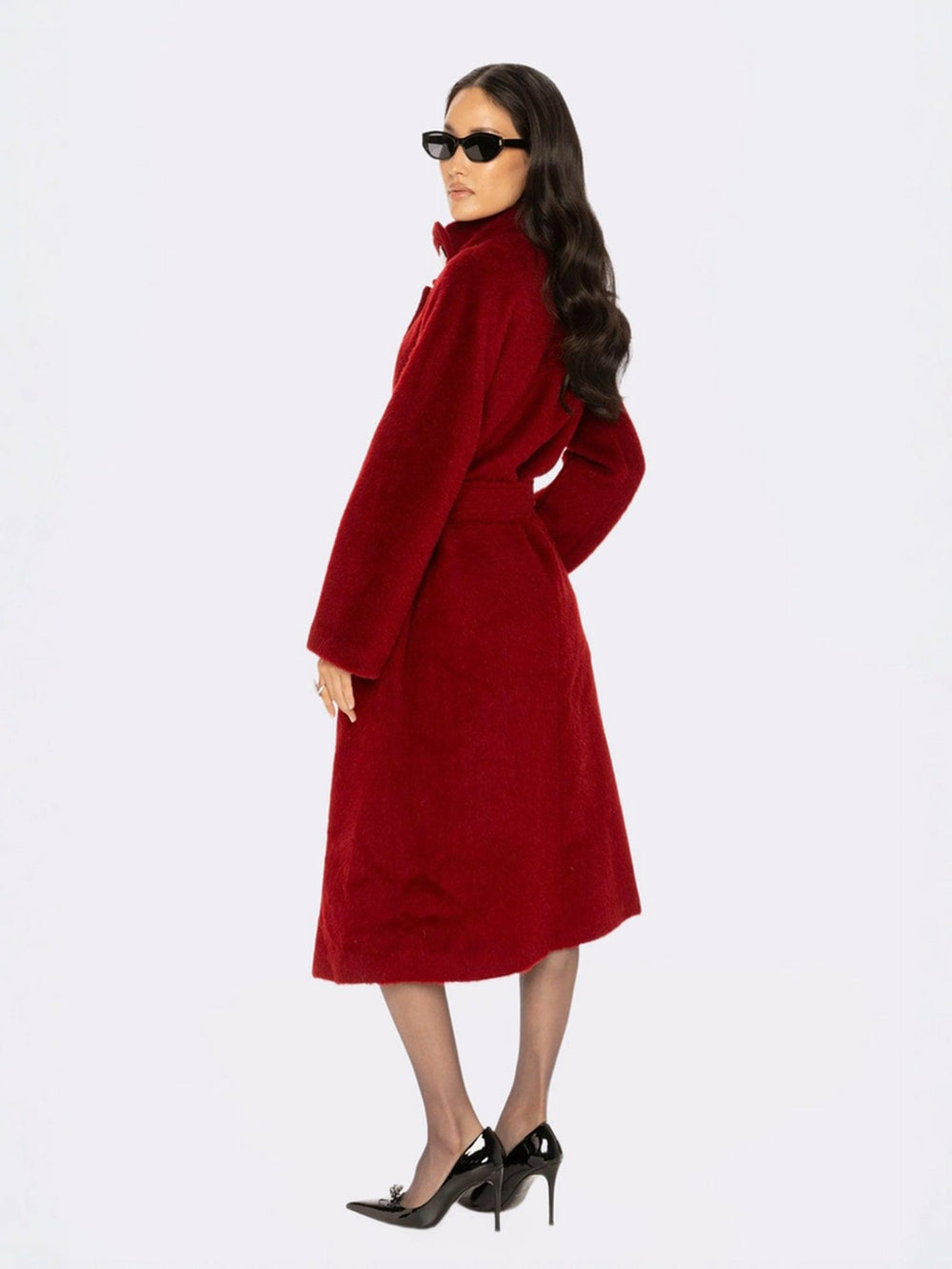 Audrey Long Coat: Red Long Coat for Holiday Party | Nana Jacqueline