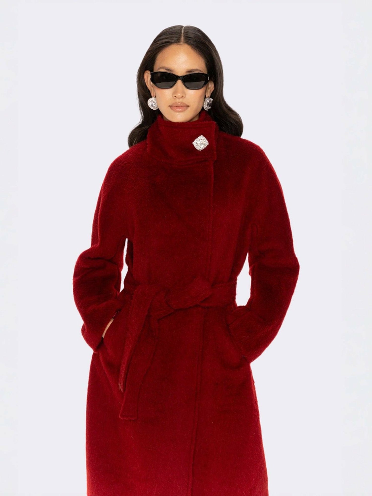 Audrey Long Coat: Red Long Coat for Holiday Party | Nana Jacqueline