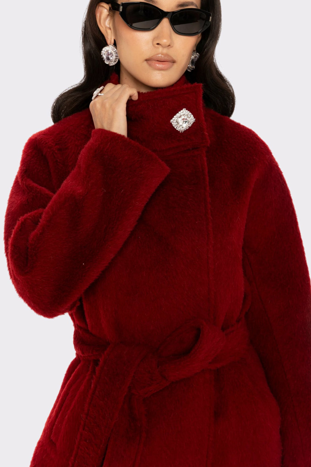 Audrey Long Coat: Red Long Coat for Holiday Party | Nana Jacqueline
