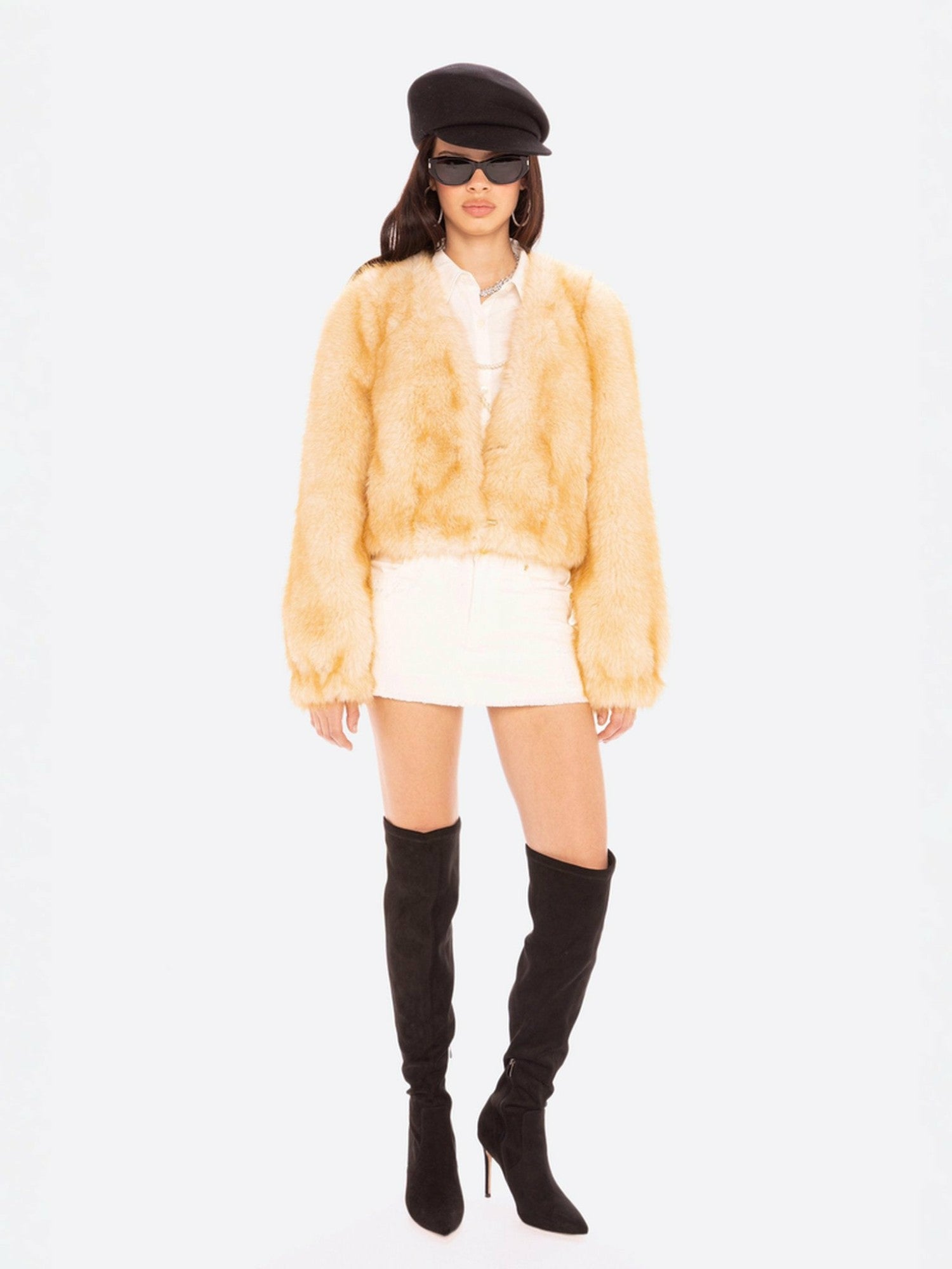 Lavinia Short Faux Fur Jacket: Yellow Fur Jacket for Cocktail Party | Nana Jacqueline