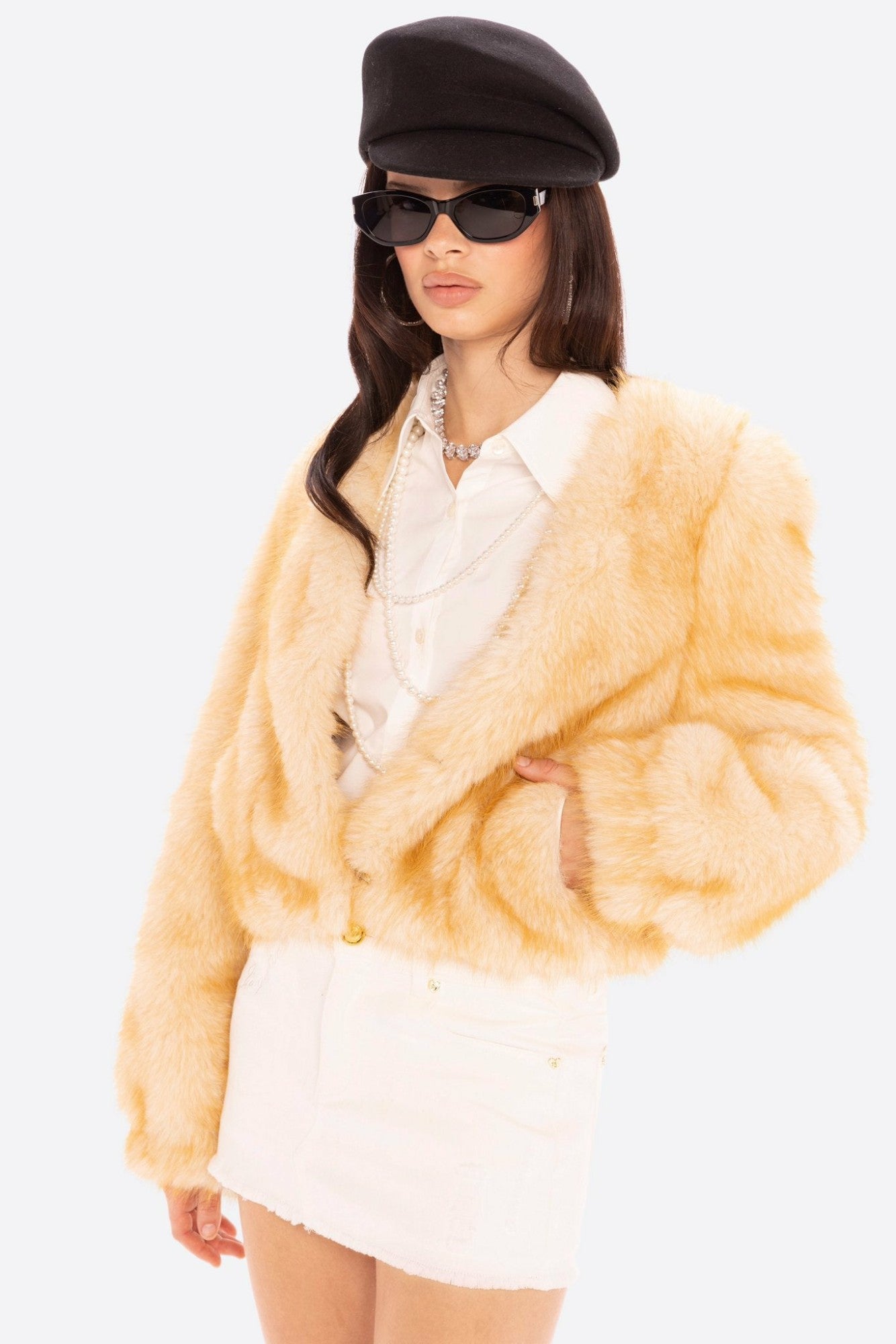 Lavinia Short Faux Fur Jacket: Yellow Fur Jacket for Cocktail Party | Nana Jacqueline