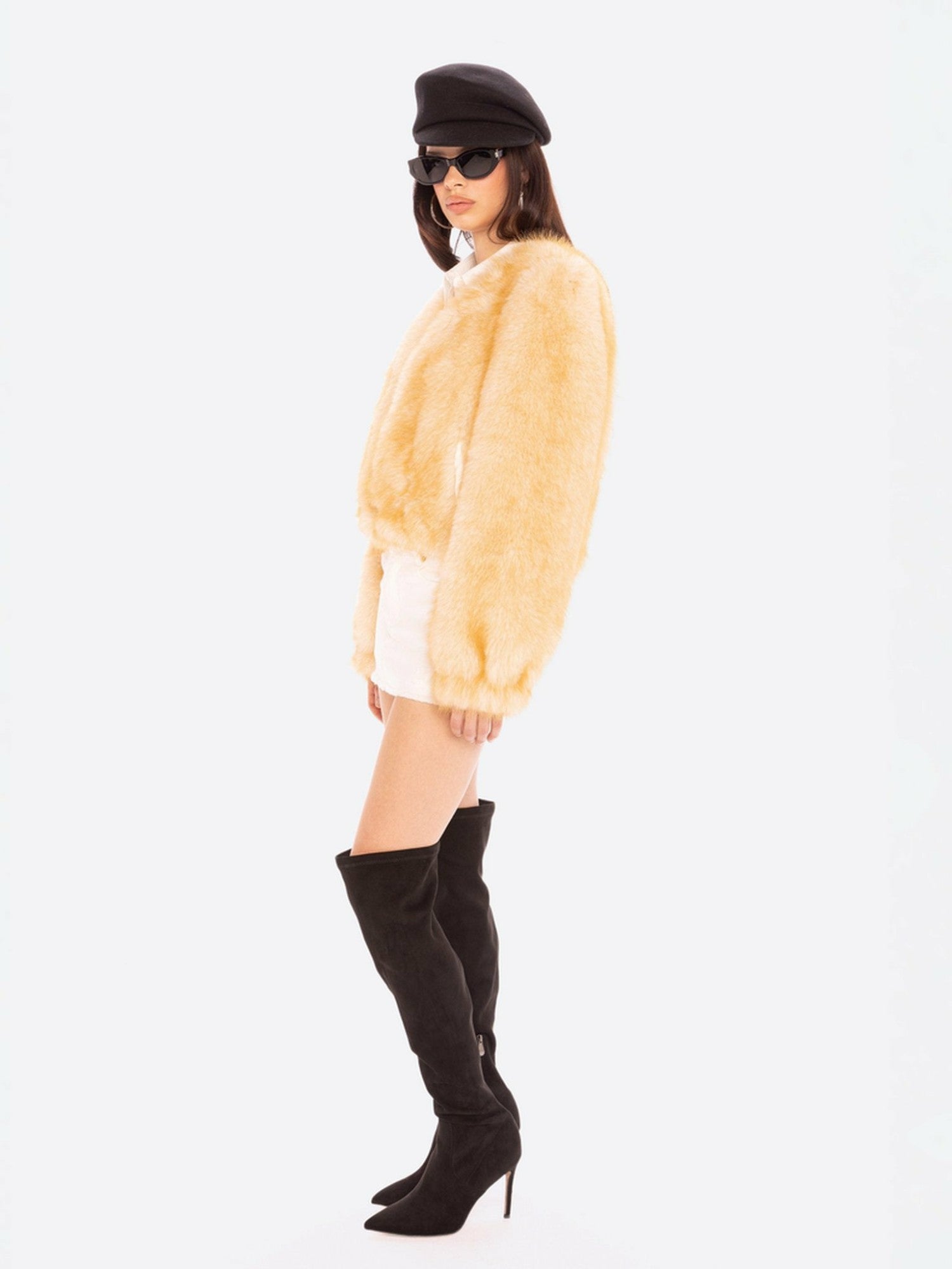 Lavinia Short Faux Fur Jacket: Yellow Fur Jacket for Cocktail Party | Nana Jacqueline