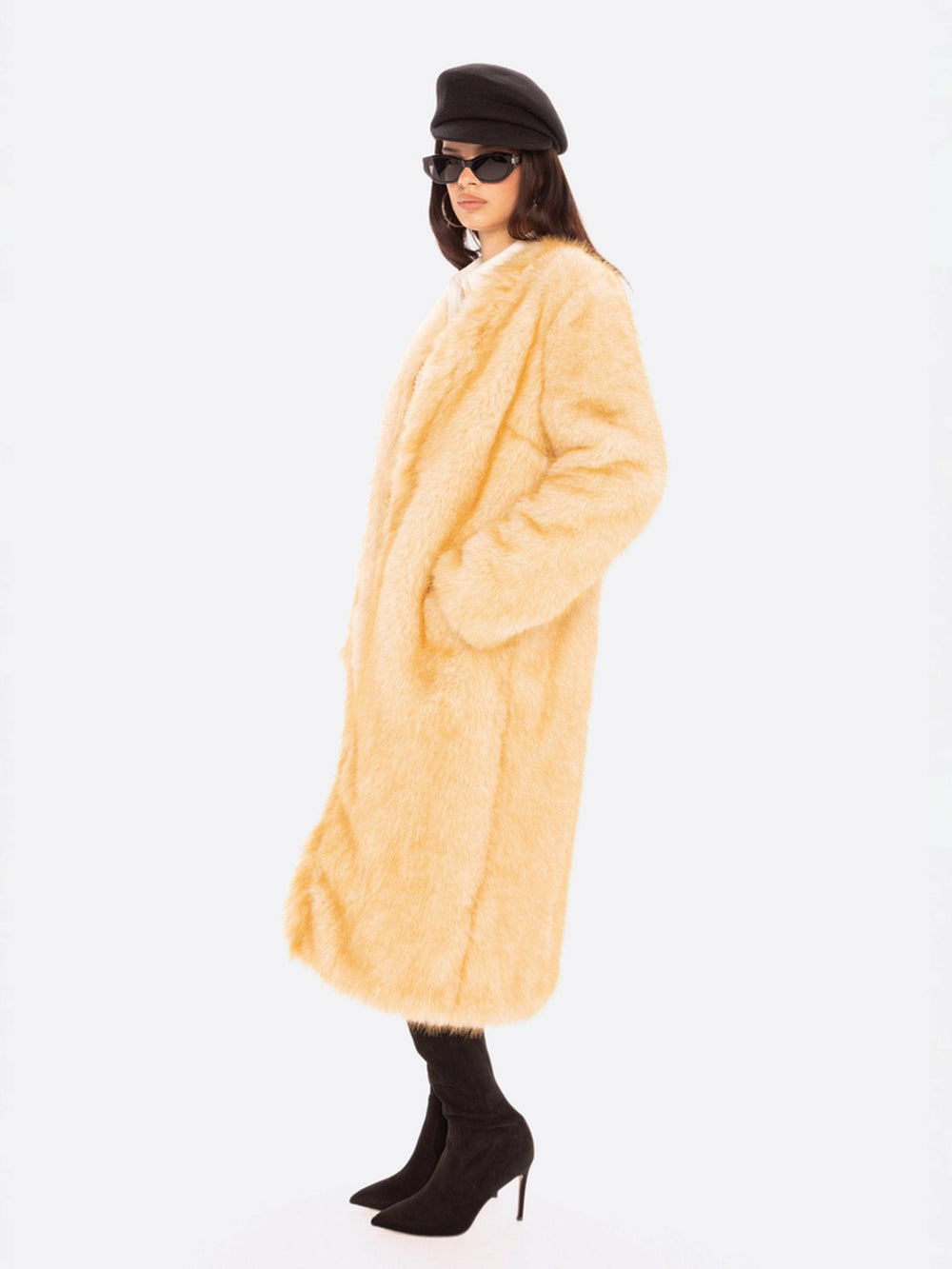 Isolde Faux Fur Long Coat: Yellow Fur Coat for Winter Events | Nana Jacqueline