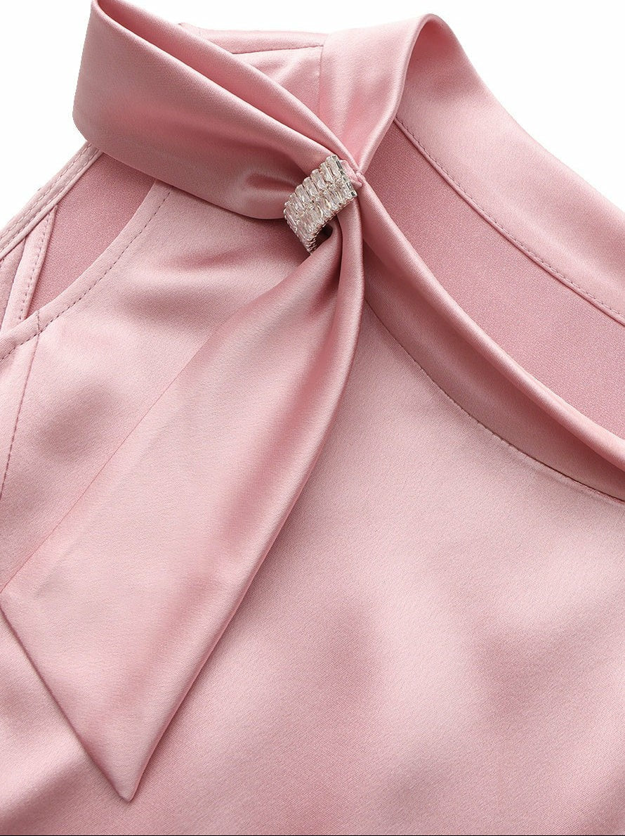 Pink Satin Asymmetrical Top with Crystal Bow | Nana Jacqueline