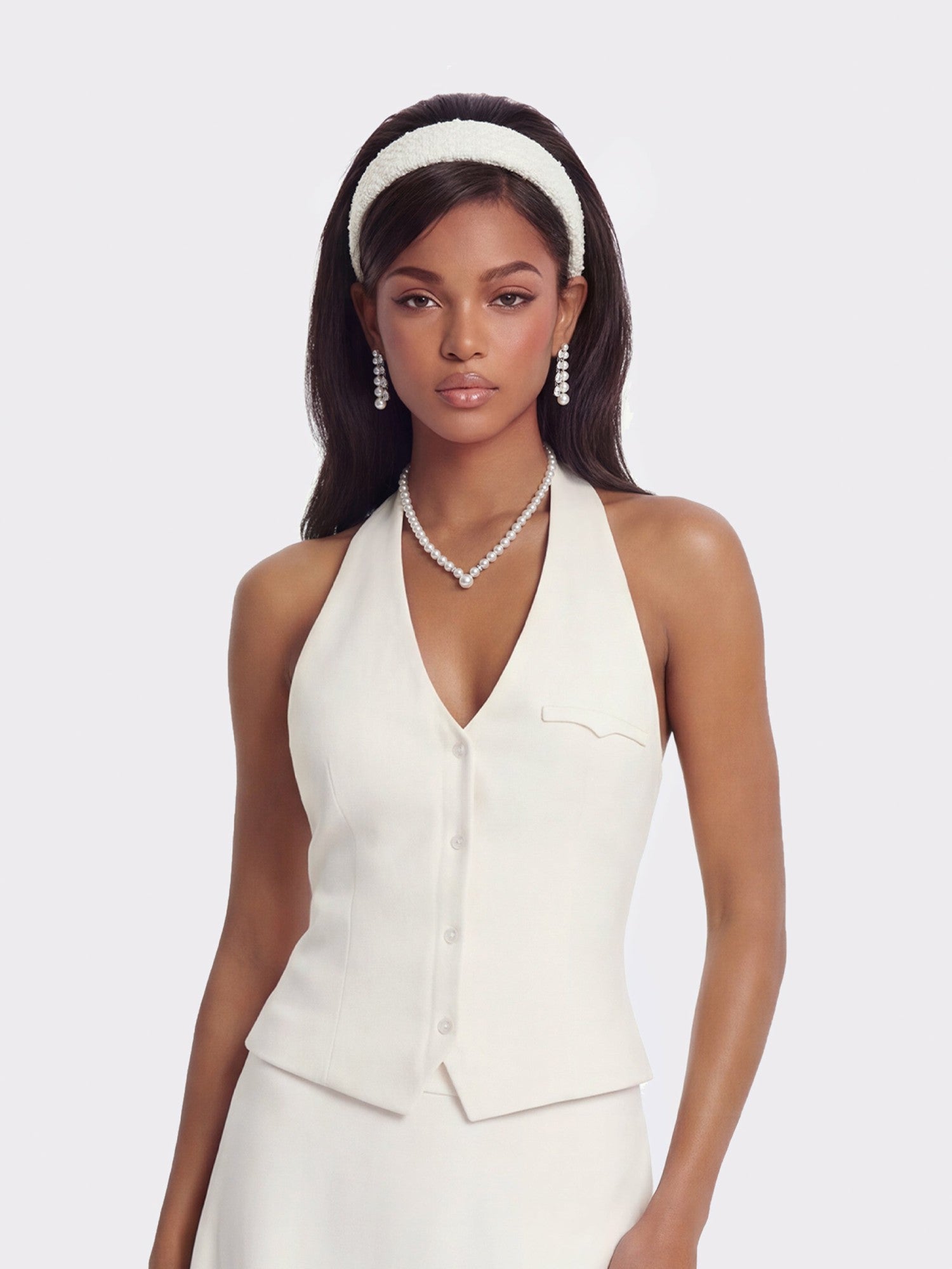 Amara Tailored Halter White Vest: White Vest for Bridal Shower | Nana Jacqueline