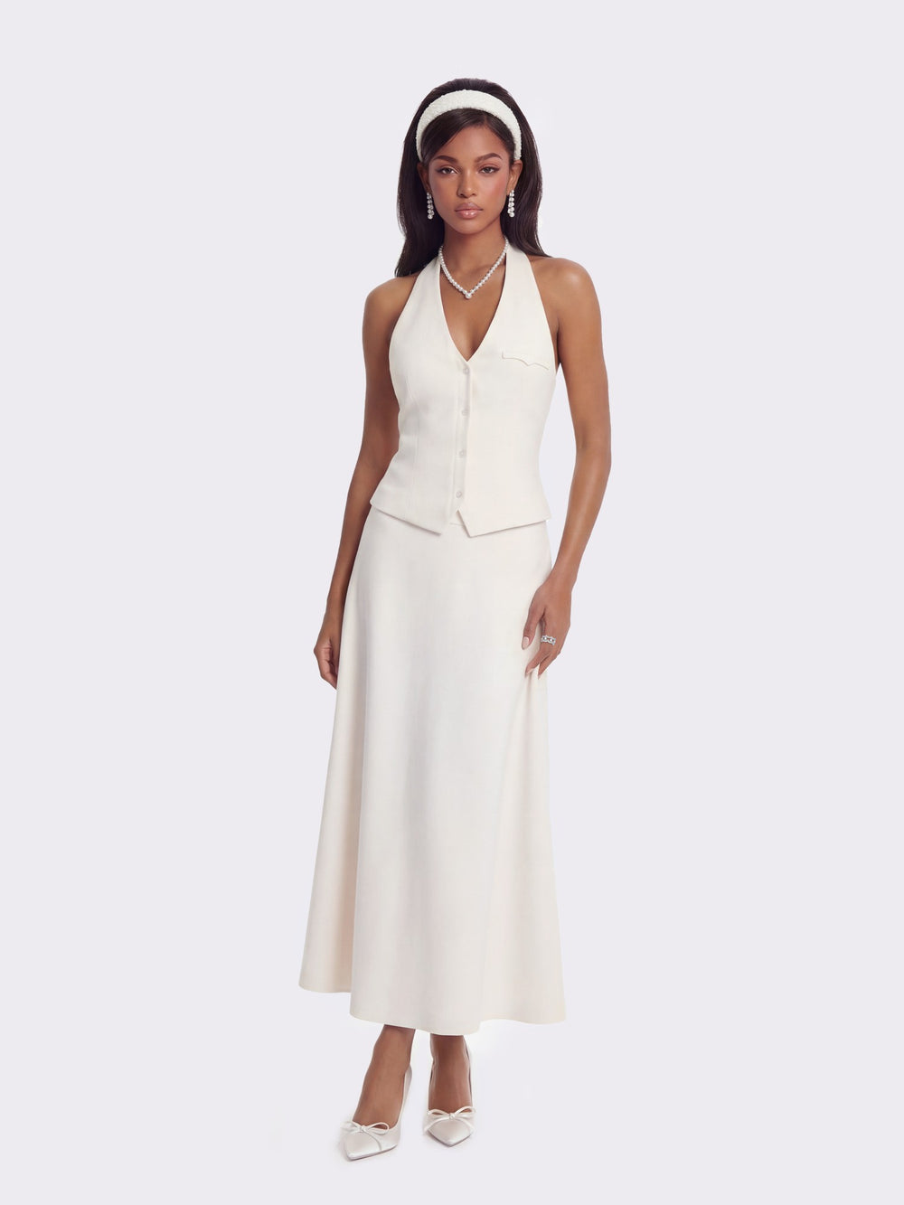 Amara Tailored Halter White Vest: White Vest for Bridal Shower | Nana Jacqueline