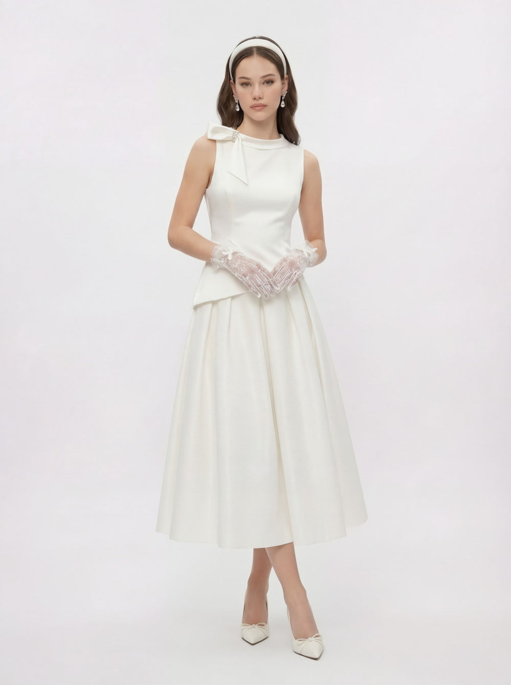 White Satin Asymmetrical Top with Crystal Bow | Nana Jacqueline