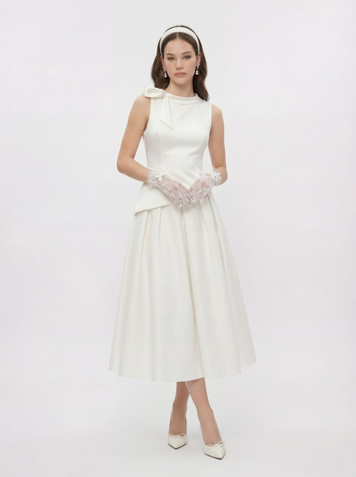 White Satin Asymmetrical Top with Crystal Bow | Nana Jacqueline