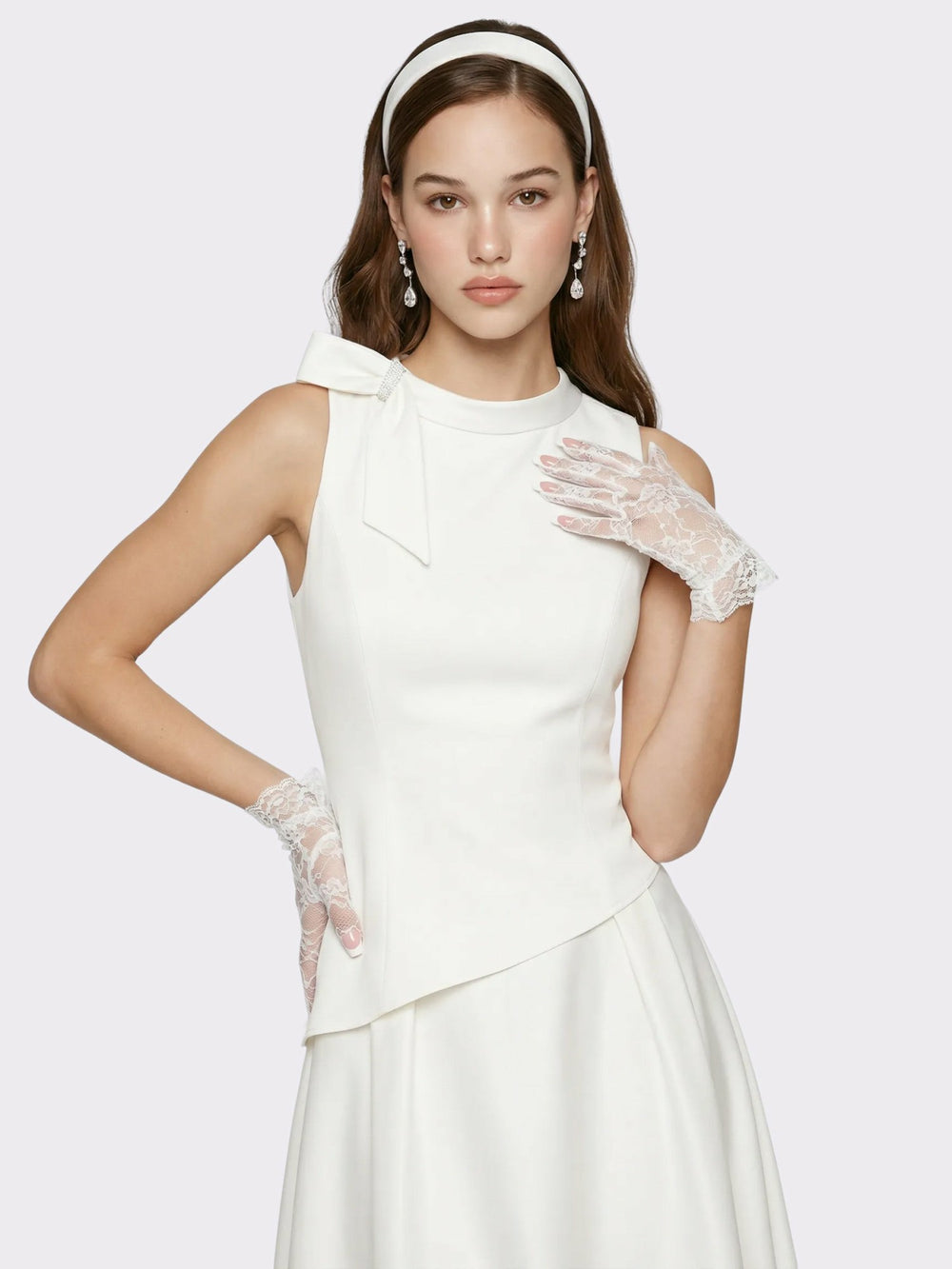 White Satin Asymmetrical Top with Crystal Bow | Nana Jacqueline