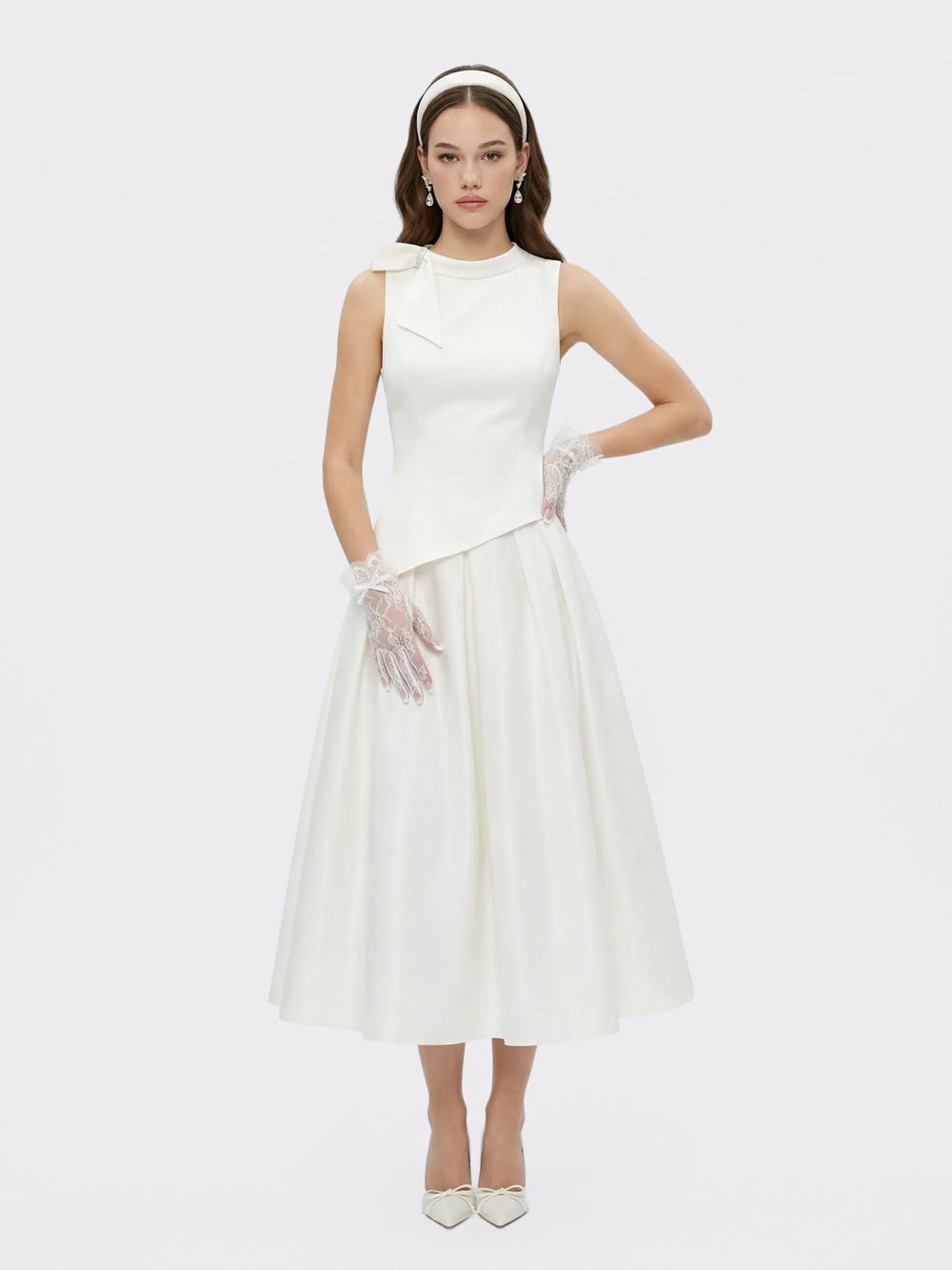 White Satin Asymmetrical Top with Crystal Bow | Nana Jacqueline
