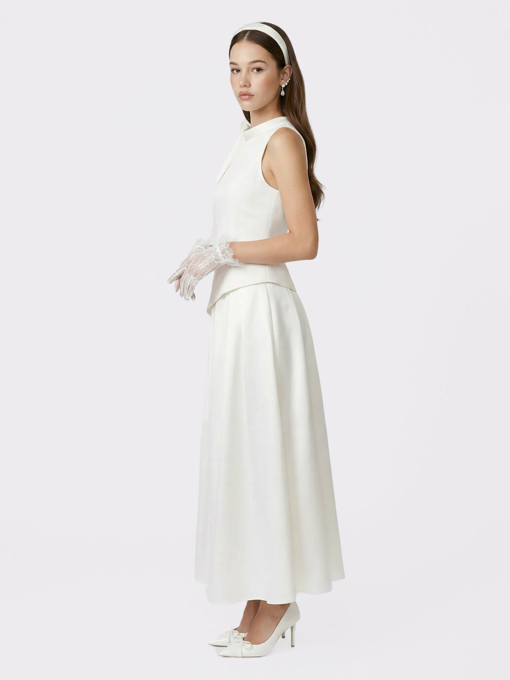 White Satin Asymmetrical Top with Crystal Bow | Nana Jacqueline