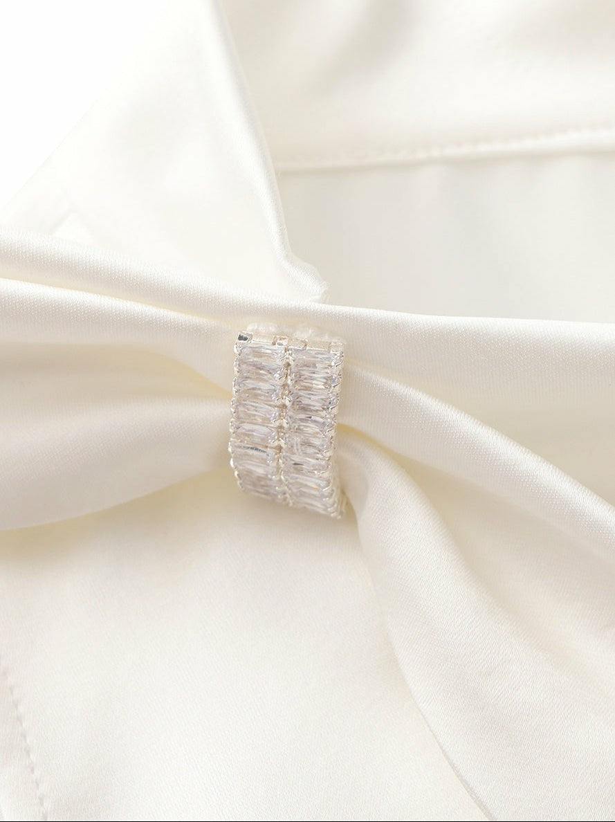 White Satin Asymmetrical Top with Crystal Bow | Nana Jacqueline