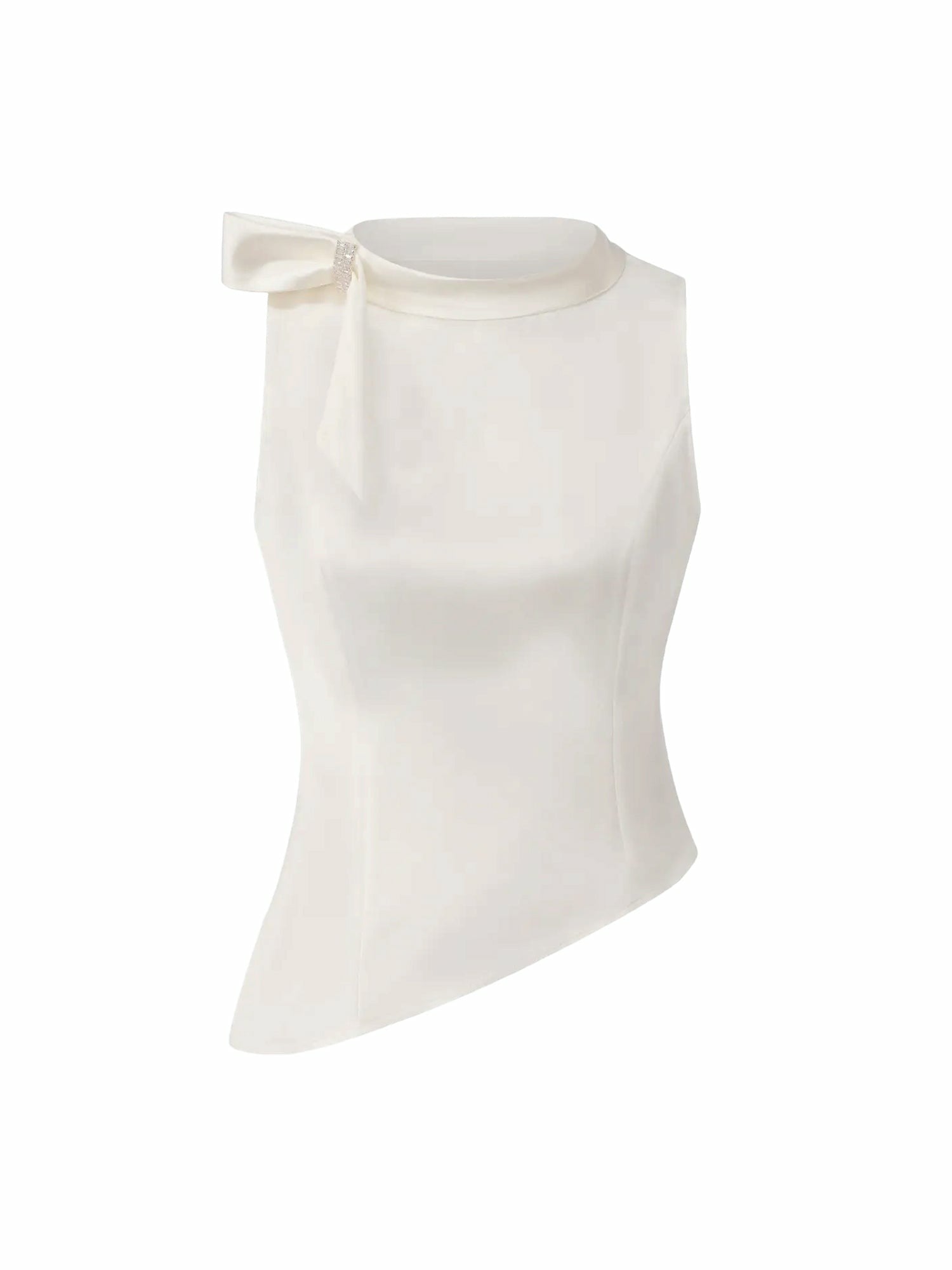 White Satin Asymmetrical Top with Crystal Bow | Nana Jacqueline