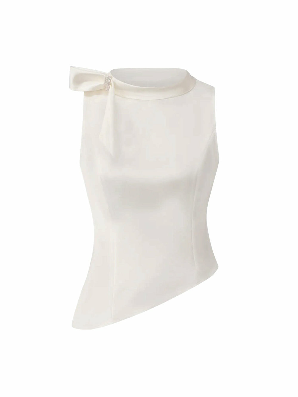 White Satin Asymmetrical Top with Crystal Bow | Nana Jacqueline