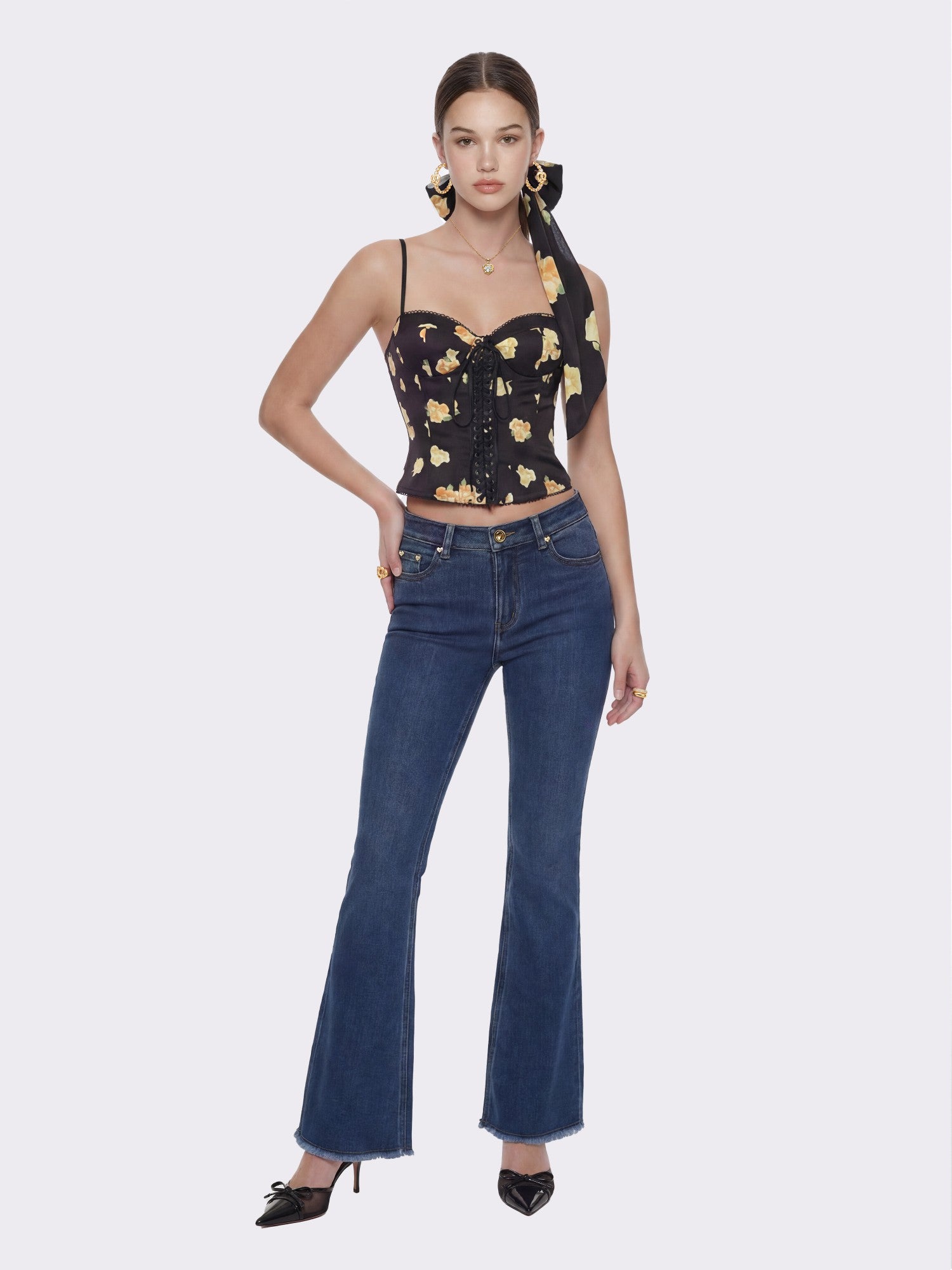 Mila Lace-Up Corset Black Floral Top | Nana Jacqueline