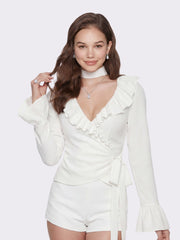 Charlotte Ruffle V-Neck White Top | Nana Jacqueline
